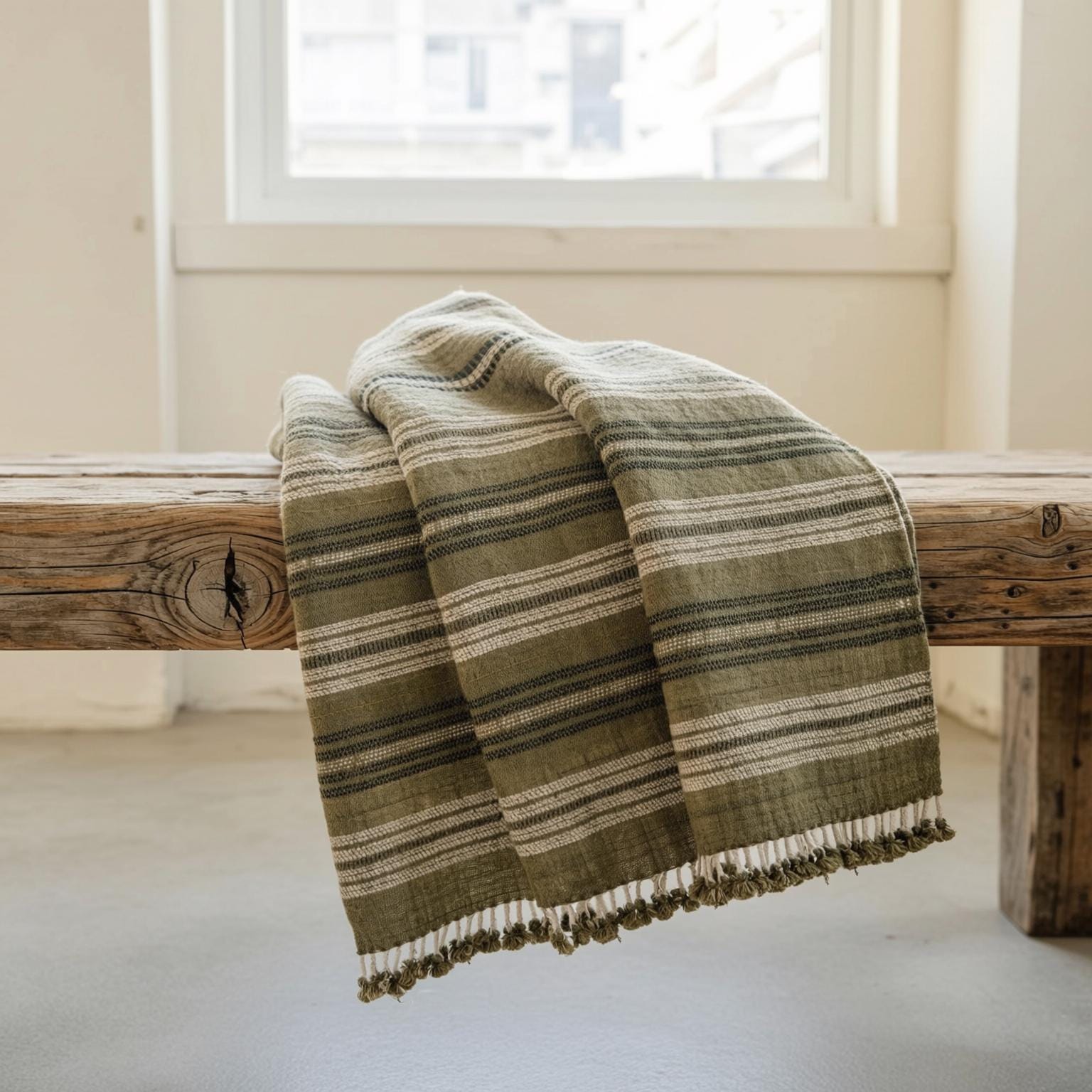 Olive Green Striped Indian Wool Throw Blanket, Handwoven Sofa Coverlet & Bed Runner - MOSS