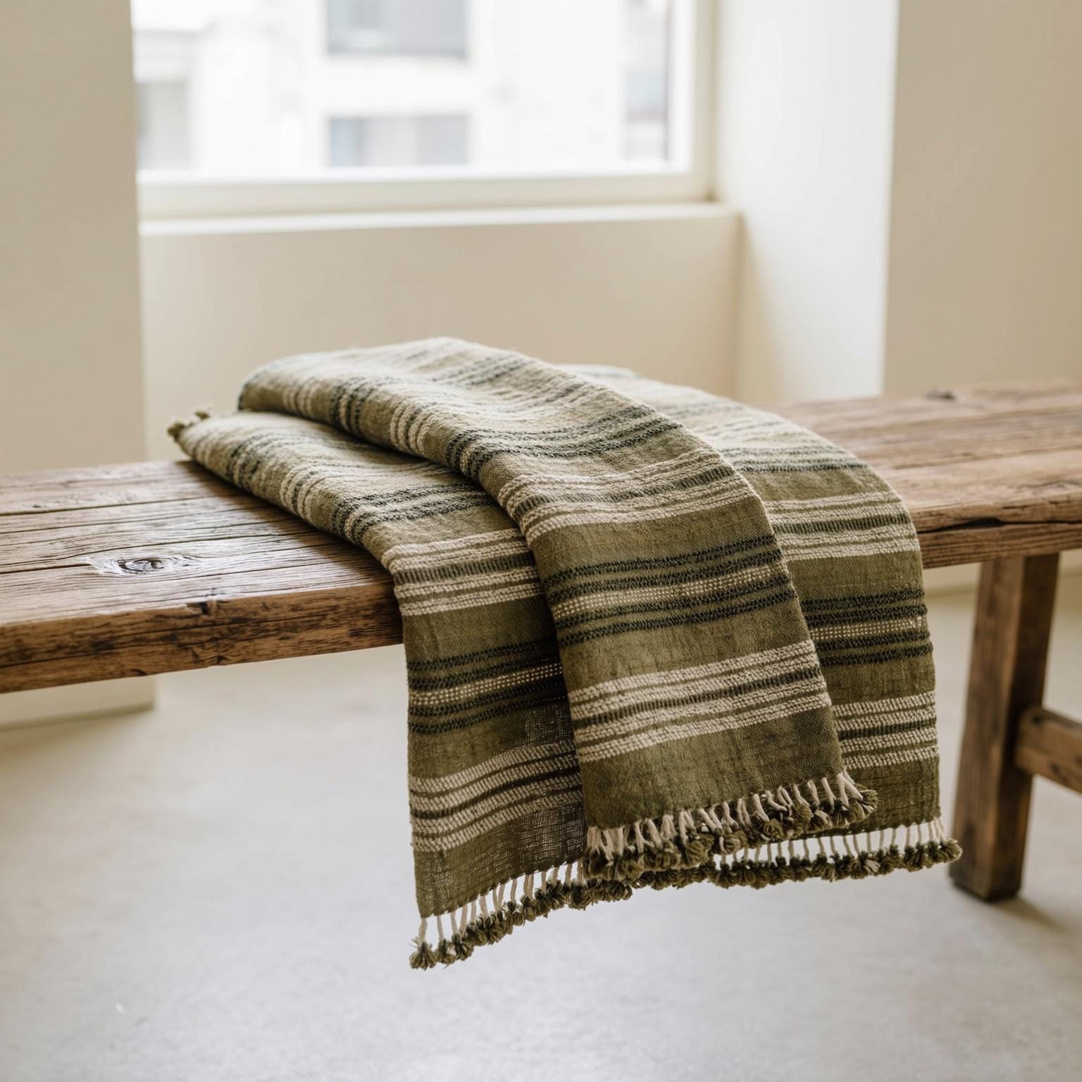 Olive Green Striped Indian Wool Throw Blanket, Handwoven Sofa Coverlet & Bed Runner - MOSS