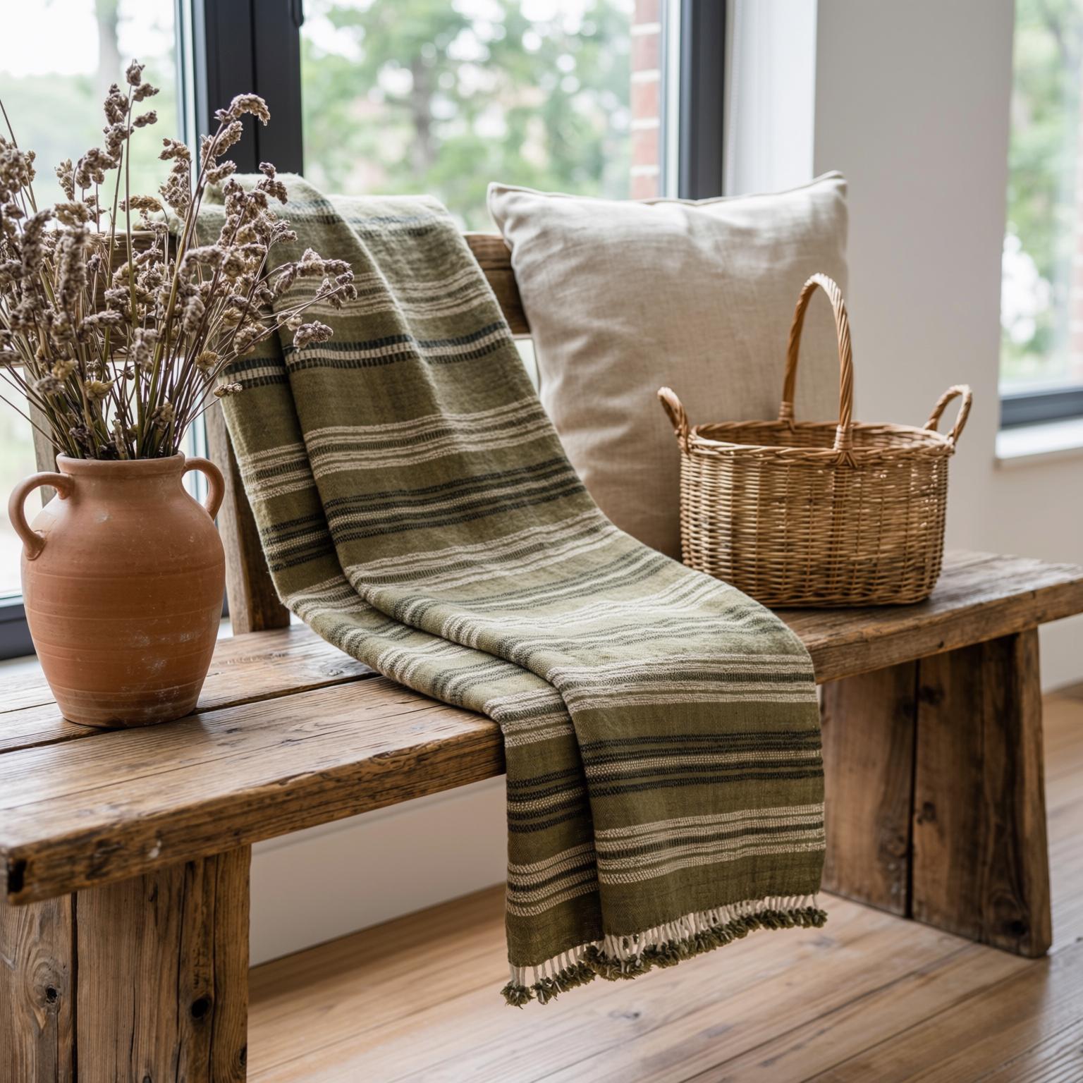 Olive Green Striped Indian Wool Throw Blanket, Handwoven Sofa Coverlet & Bed Runner - MOSS
