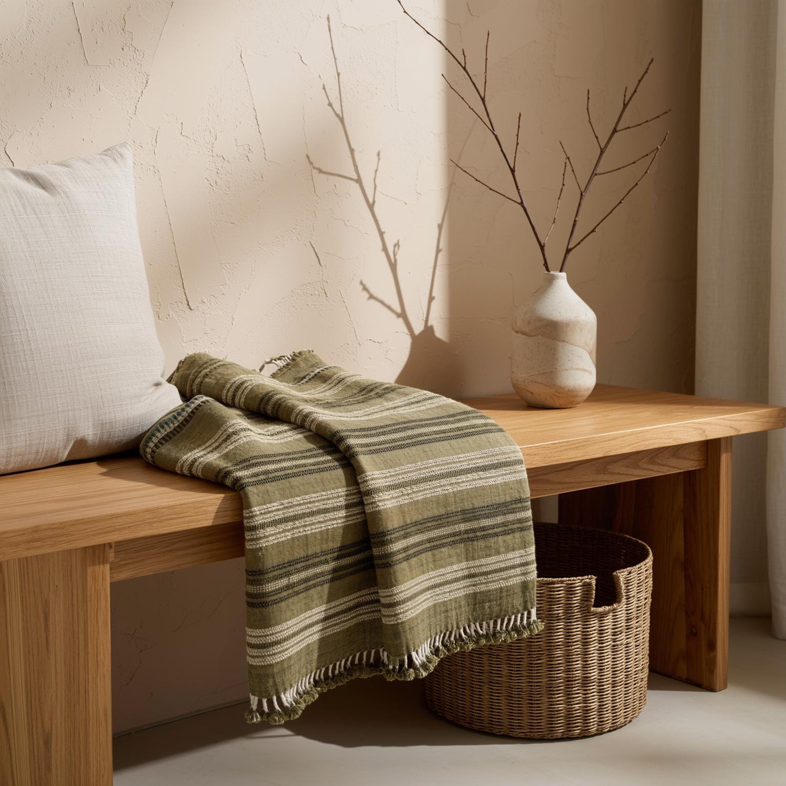 Olive Green Striped Indian Wool Throw Blanket, Handwoven Sofa Coverlet & Bed Runner - MOSS