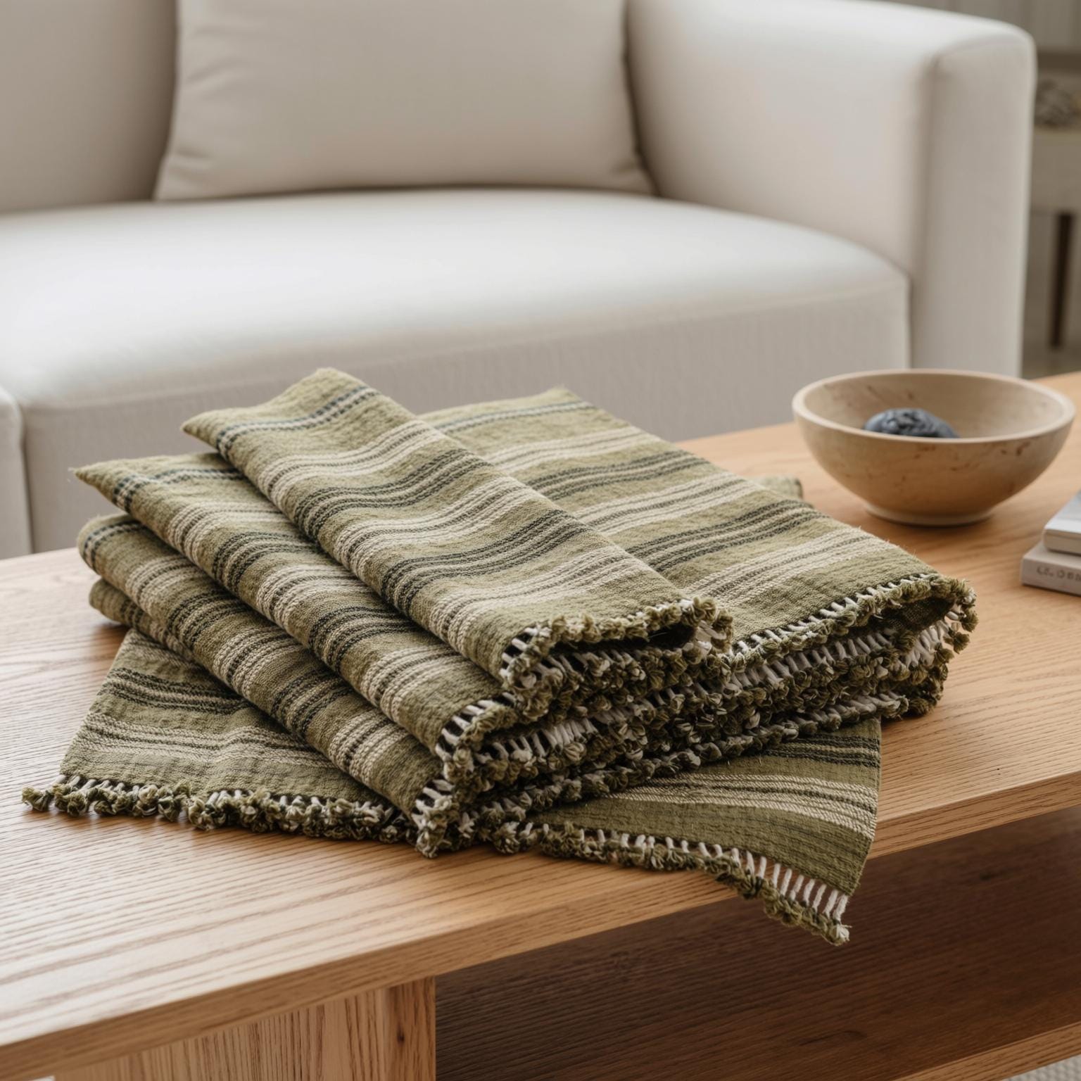 Olive Green Striped Indian Wool Throw Blanket, Handwoven Sofa Coverlet & Bed Runner - MOSS