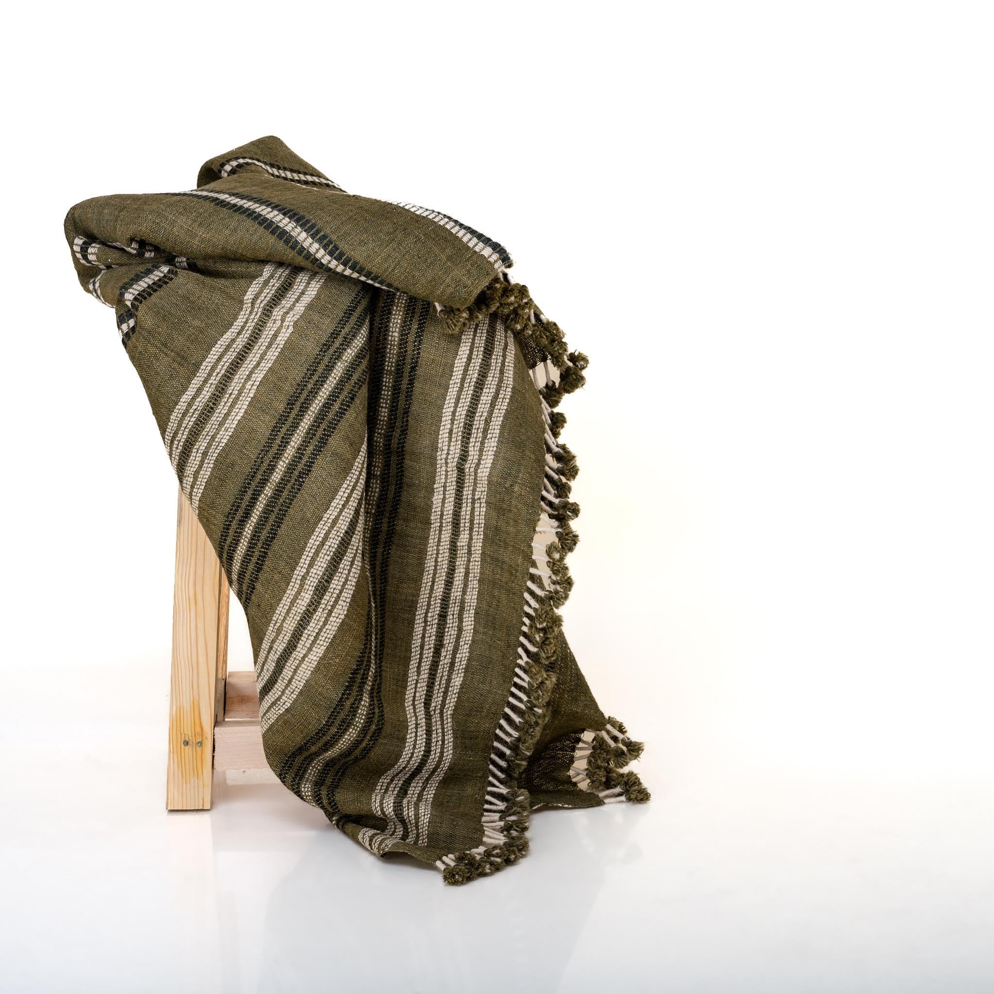 Olive Green Striped Indian Wool Throw Blanket, Handwoven Sofa Coverlet & Bed Runner - MOSS