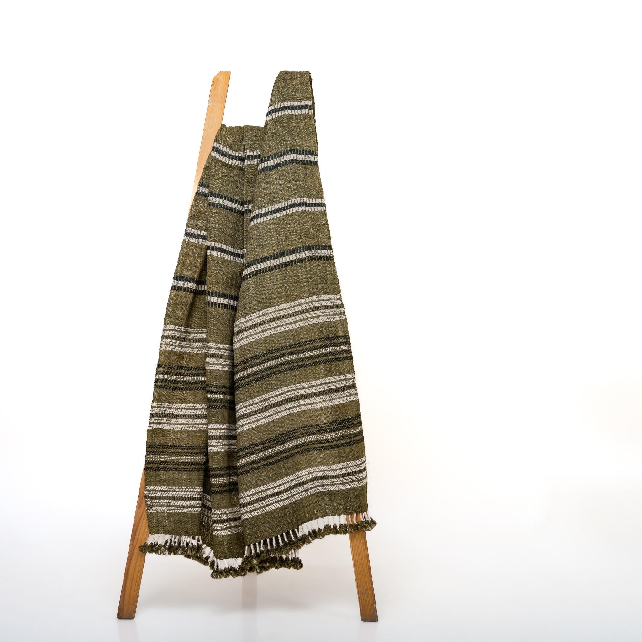 Olive Green Striped Indian Wool Throw Blanket, Handwoven Sofa Coverlet & Bed Runner - MOSS