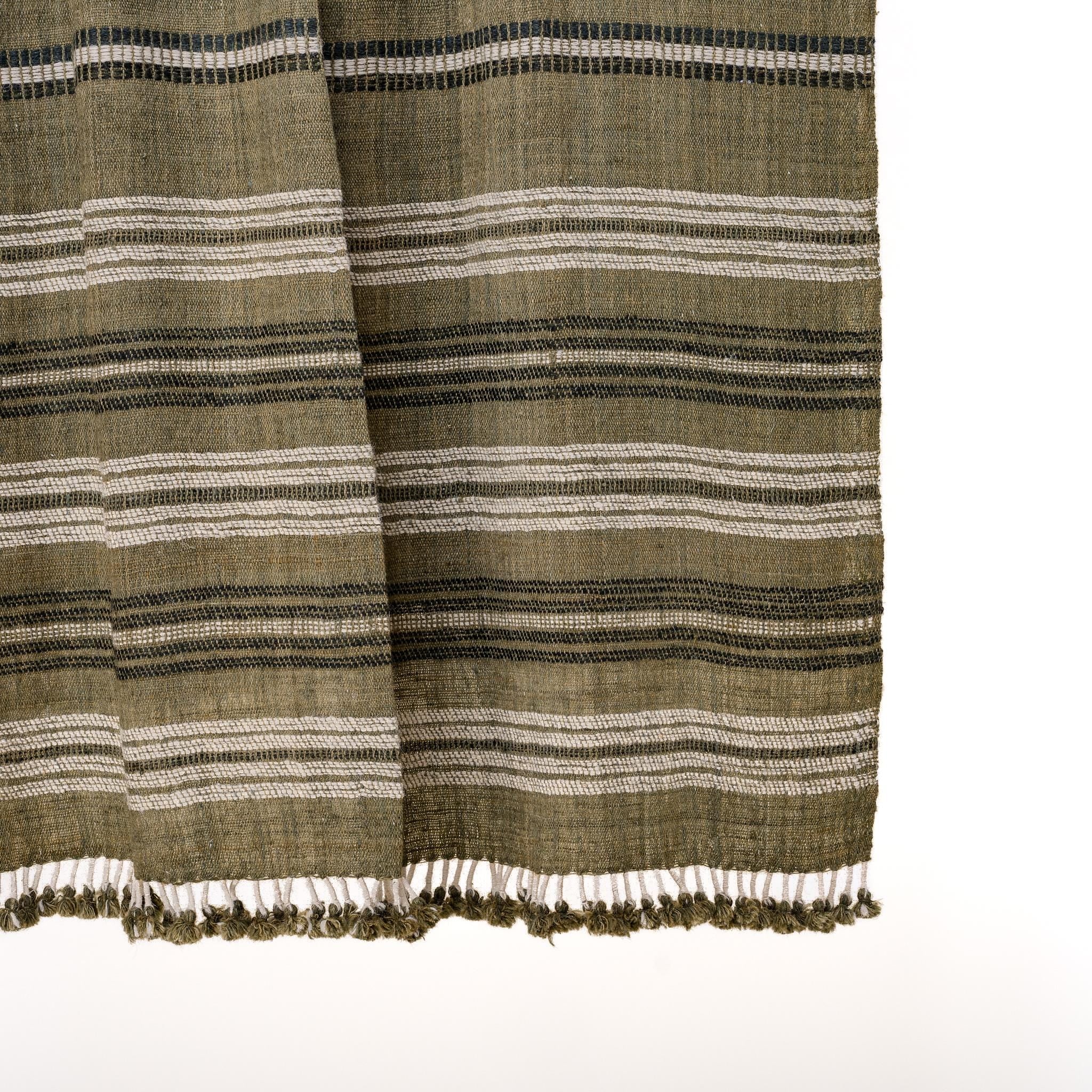 Olive Green Striped Indian Wool Throw Blanket, Handwoven Sofa Coverlet & Bed Runner - MOSS