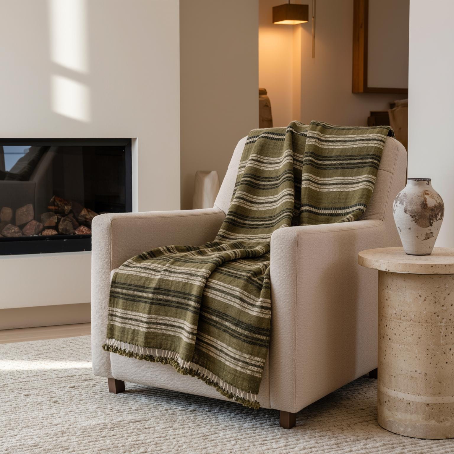 Olive Green Striped Indian Wool Throw Blanket, Handwoven Sofa Coverlet & Bed Runner - MOSS