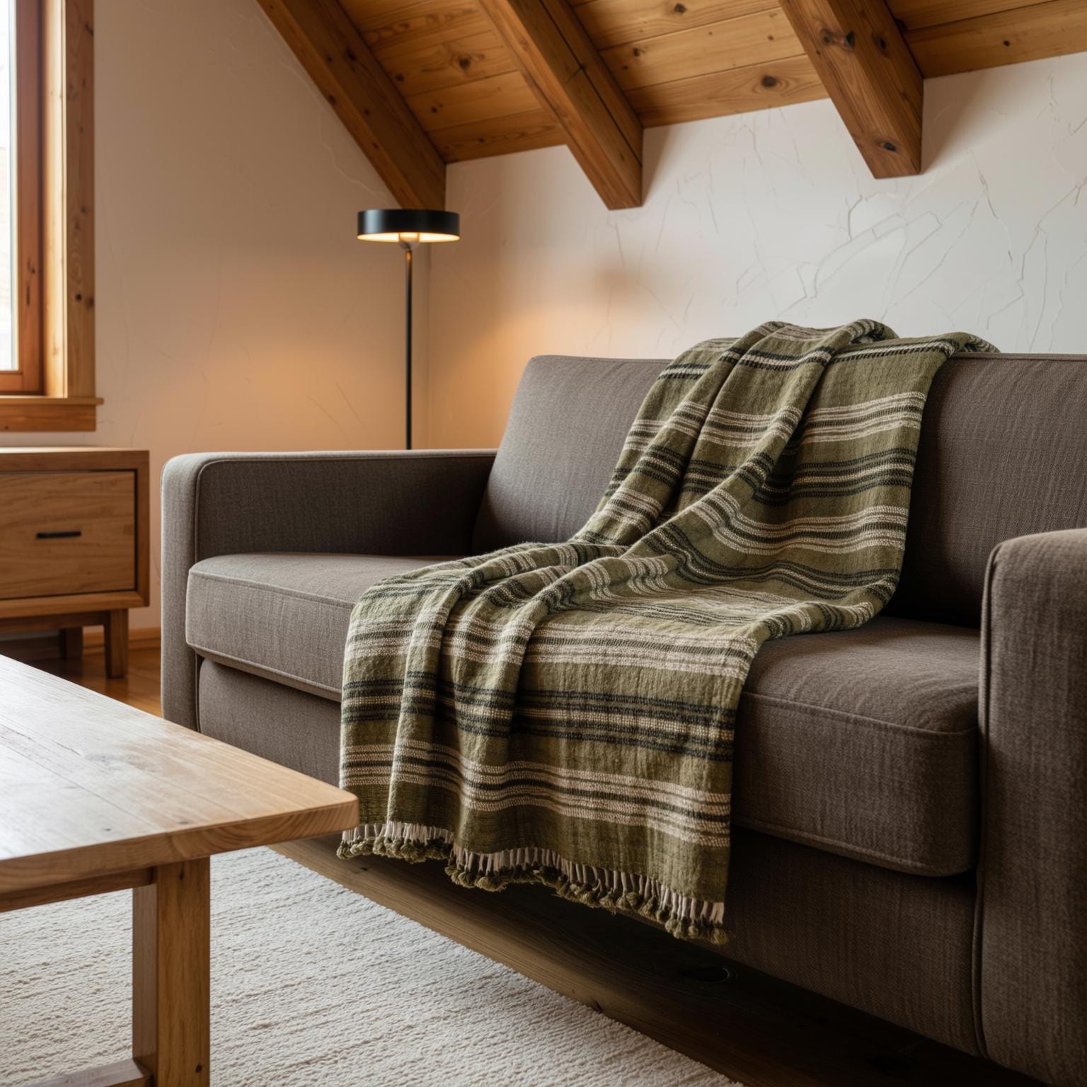 Olive Green Striped Indian Wool Throw Blanket, Handwoven Sofa Coverlet & Bed Runner - MOSS