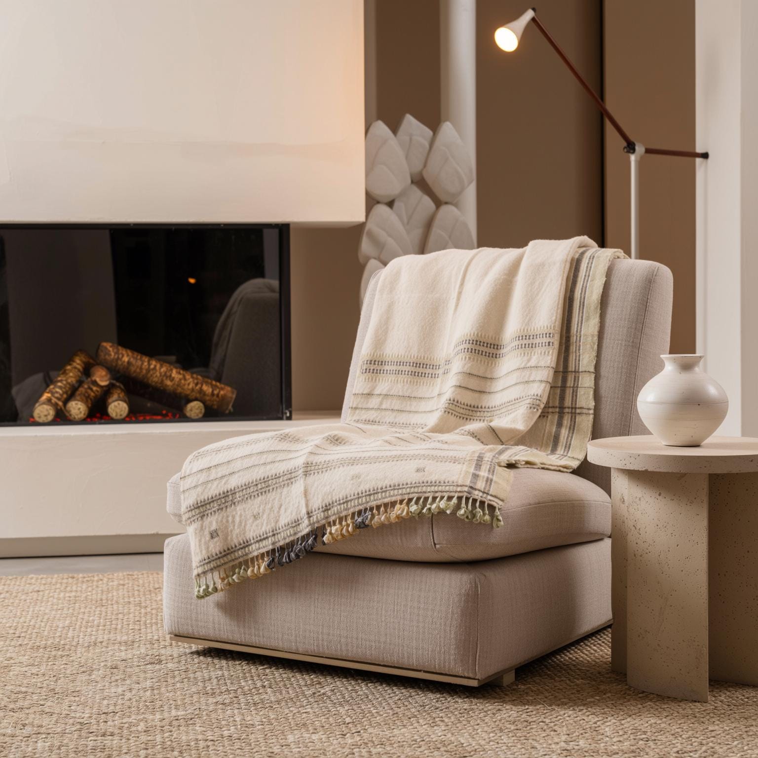 Off White Indian Wool Throw Blanket, Handwoven Sofa Coverlet & Minimalist Bed Runner - ALABASTER