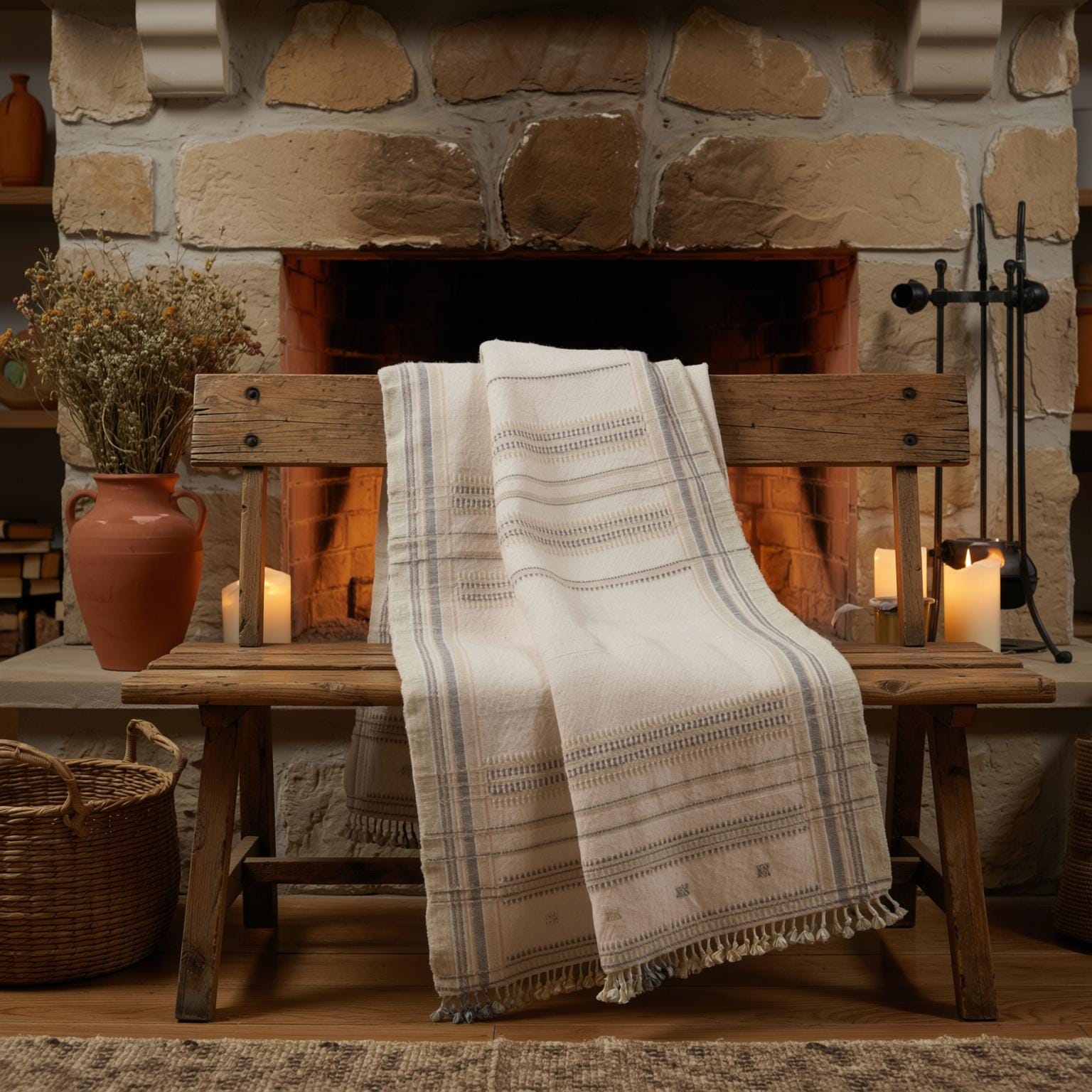 Off White Indian Wool Throw Blanket, Handwoven Sofa Coverlet & Minimalist Bed Runner - ALABASTER