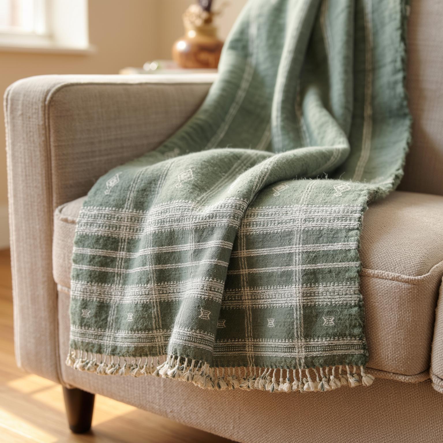 Soft Green Indian Wool Throw Blanket, Handwoven Couch Coverlet with Minimalist Bed Accent - EMRALD