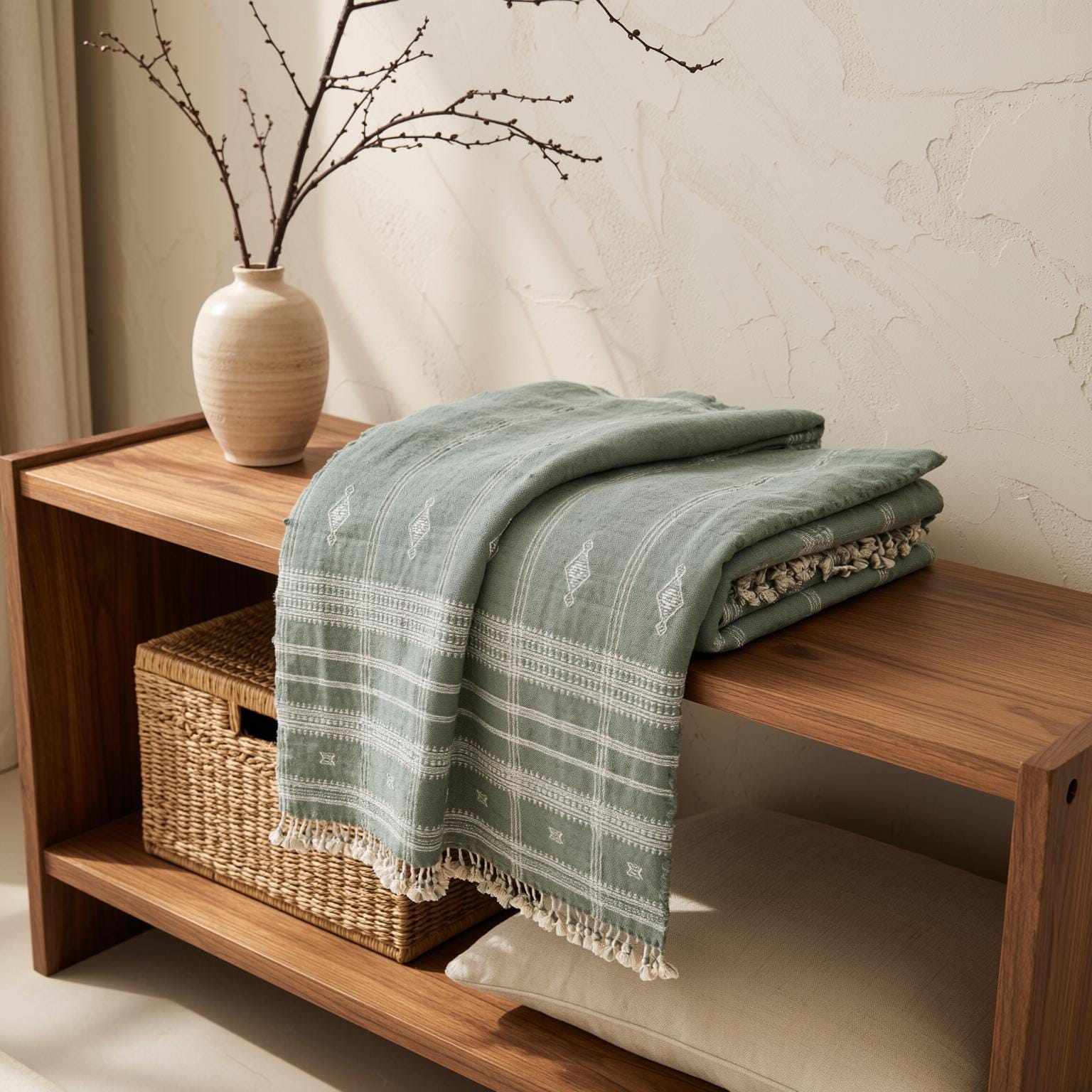 Soft Green Indian Wool Throw Blanket, Handwoven Couch Coverlet with Minimalist Bed Accent - EMRALD