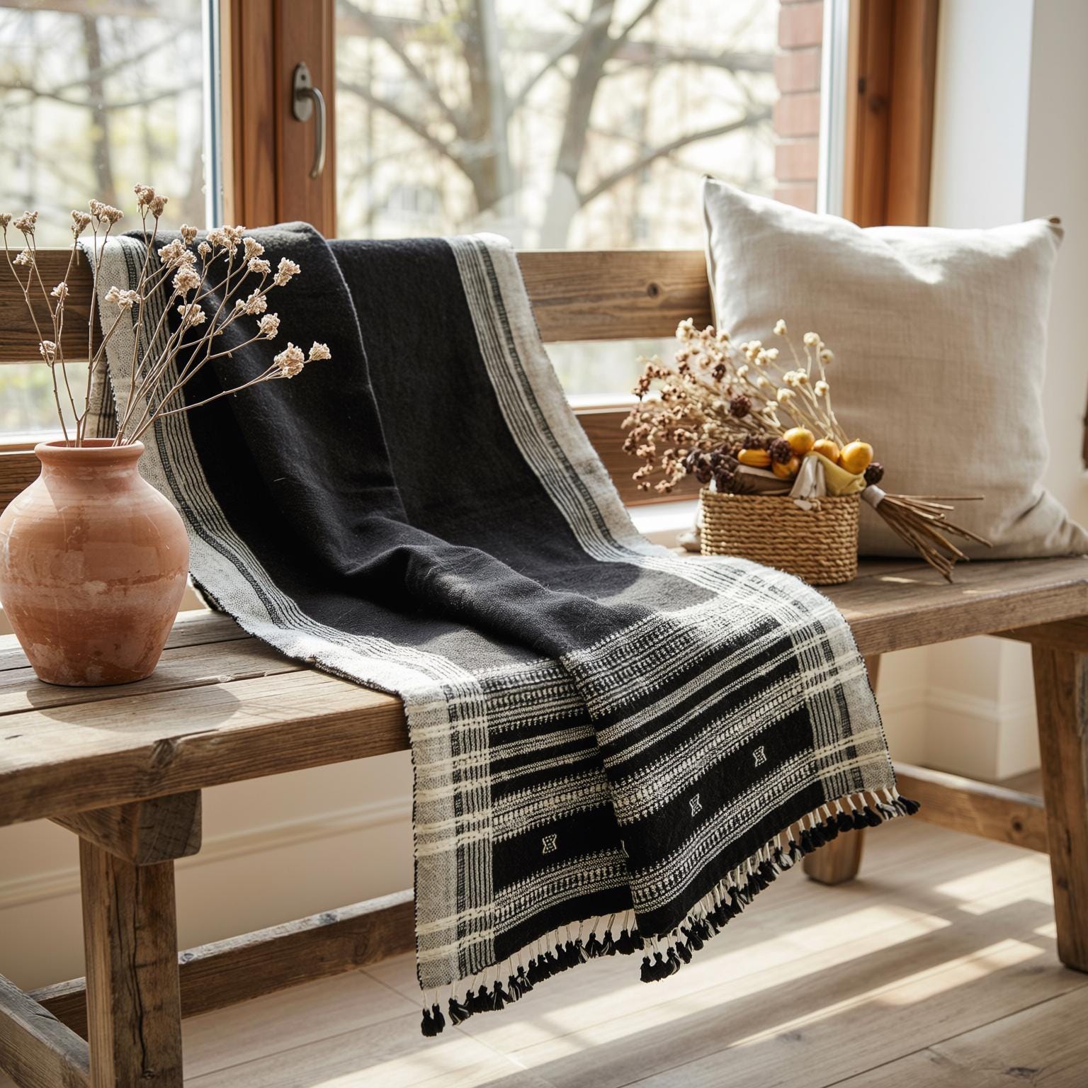 Cocoa Brown Indian Wool Throw Blanket, Handwoven Couch Coverlet with Rustic Chair Accent - QUARTZ