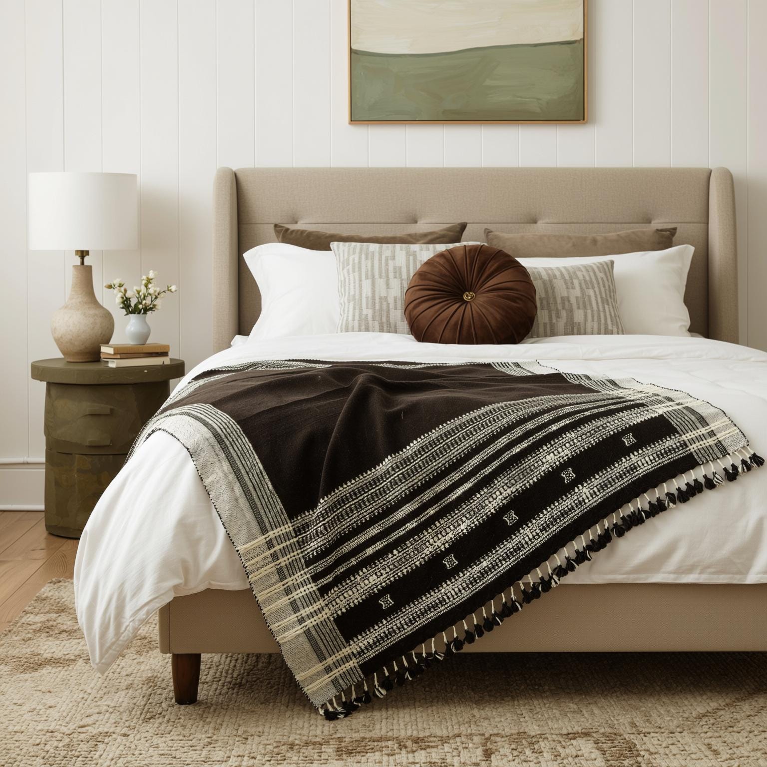 Cocoa Brown Indian Wool Throw Blanket, Handwoven Couch Coverlet with Rustic Chair Accent - QUARTZ