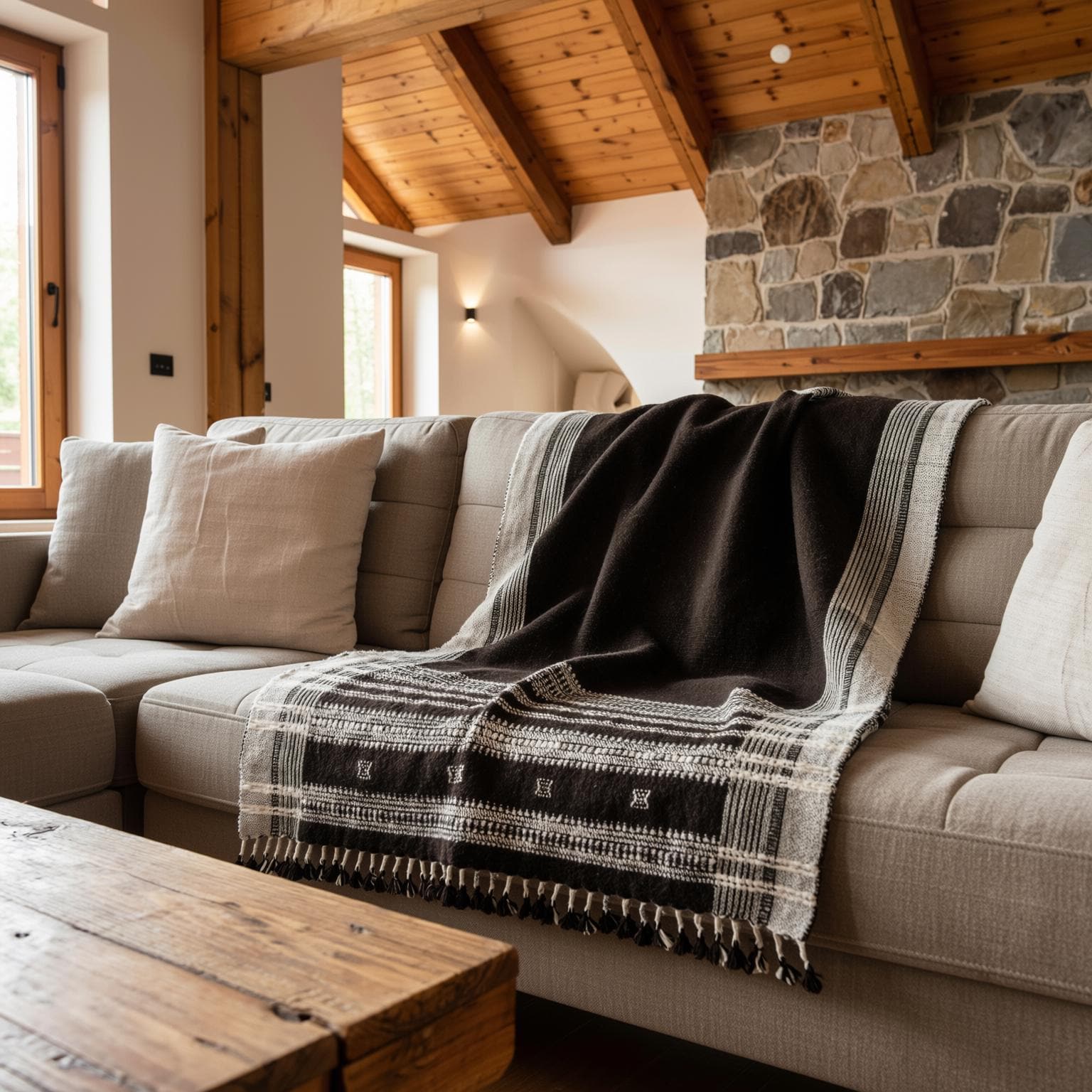 Chocolate Brown Indian Wool Throw Blanket, Handwoven Sofa Coverlet & Rustic Bed Runner - QUARTZ
