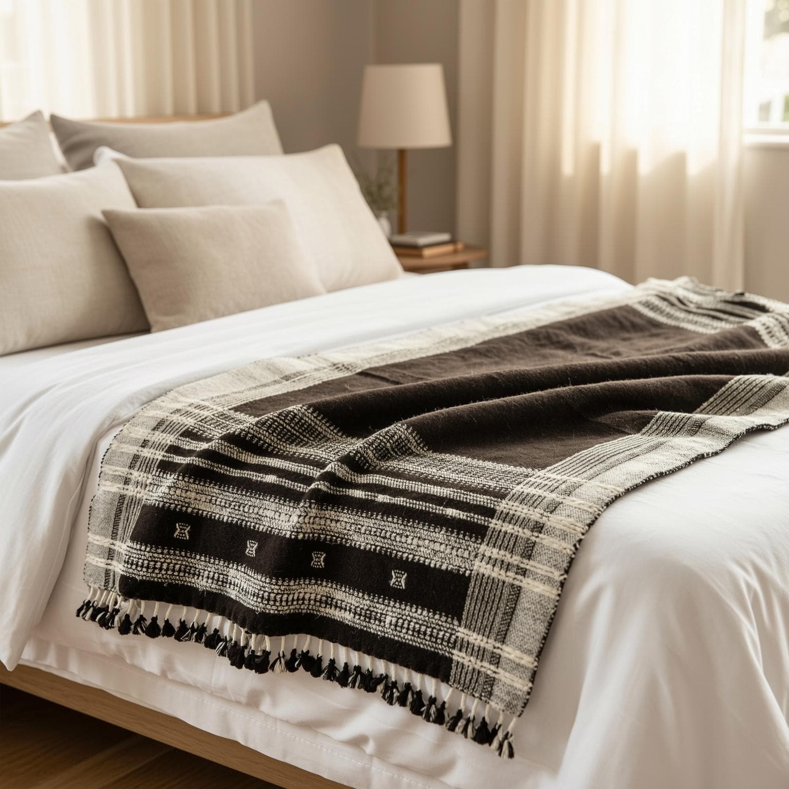 Chocolate Brown Indian Wool Throw Blanket, Handwoven Sofa Coverlet & Rustic Bed Runner - QUARTZ