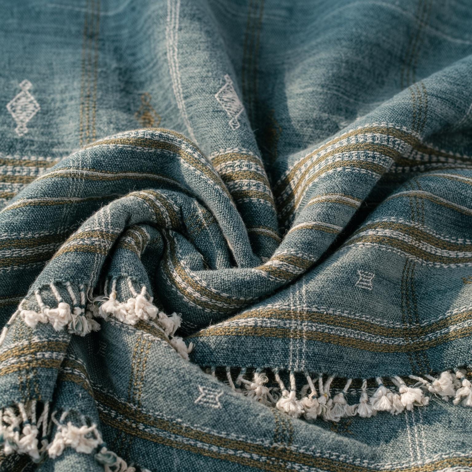 Teal Blue Wool Throw Blanket, Handmade Indian Coverlet for Sofa, Couch, Bed Runner & Boho Home Decor - LAPIS