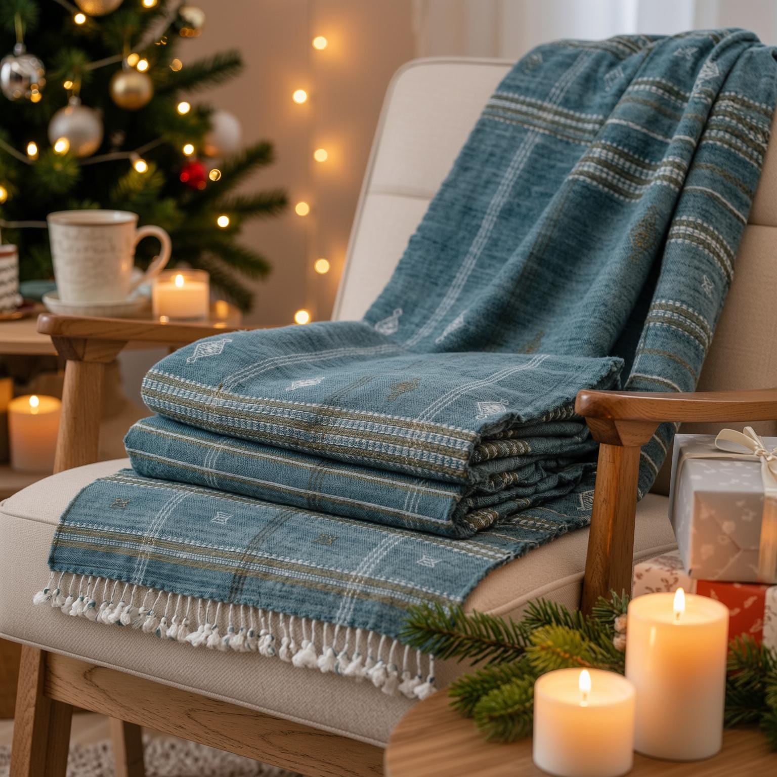 Teal Blue Wool Throw Blanket, Handmade Indian Coverlet for Sofa, Couch, Bed Runner & Boho Home Decor - LAPIS