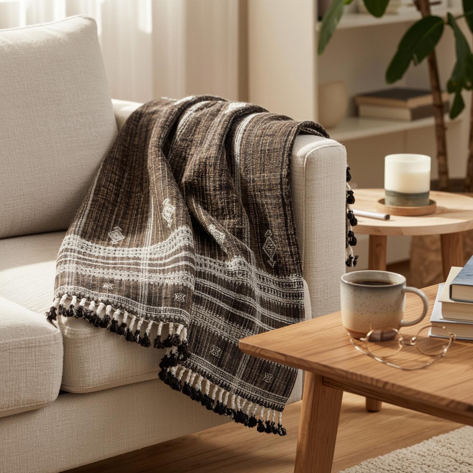 Warm Brown Indian Wool Throw Blanket, Handwoven Sofa Coverlet with Lodge Bedroom Layer - BRONZITE