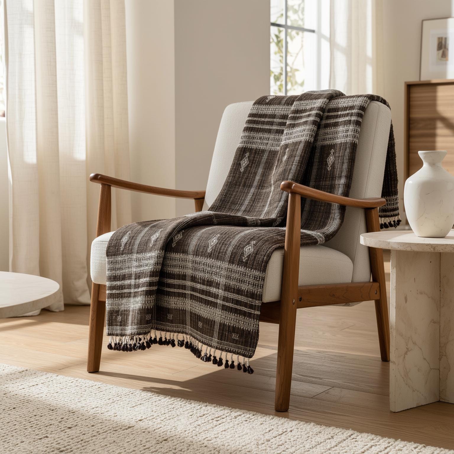 Warm Brown Indian Wool Throw Blanket, Handwoven Sofa Coverlet & Cozy Bedspread - BRONZITE