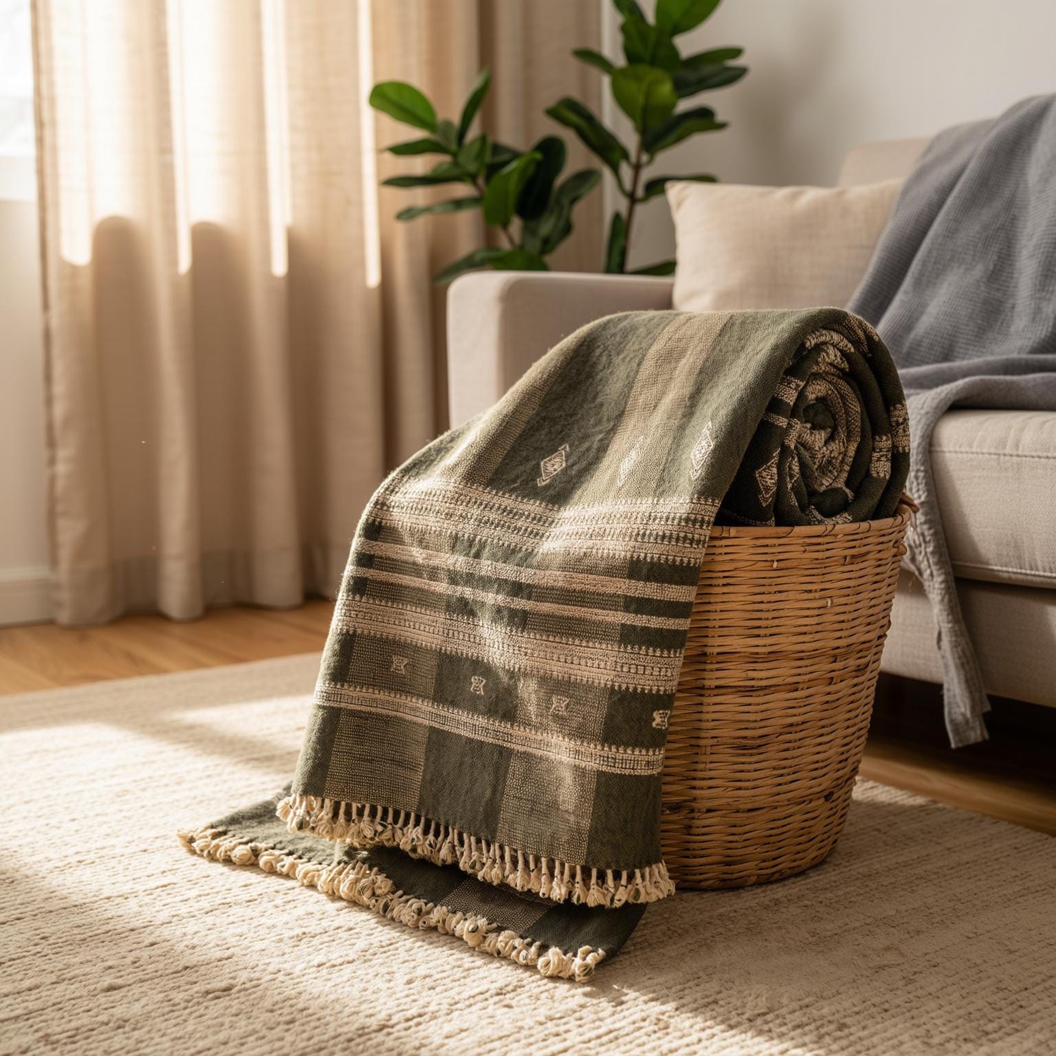 Olive Brown Indian Wool Throw Blanket, Handwoven Sofa Coverlet & Boho Bed Runner - ZARA