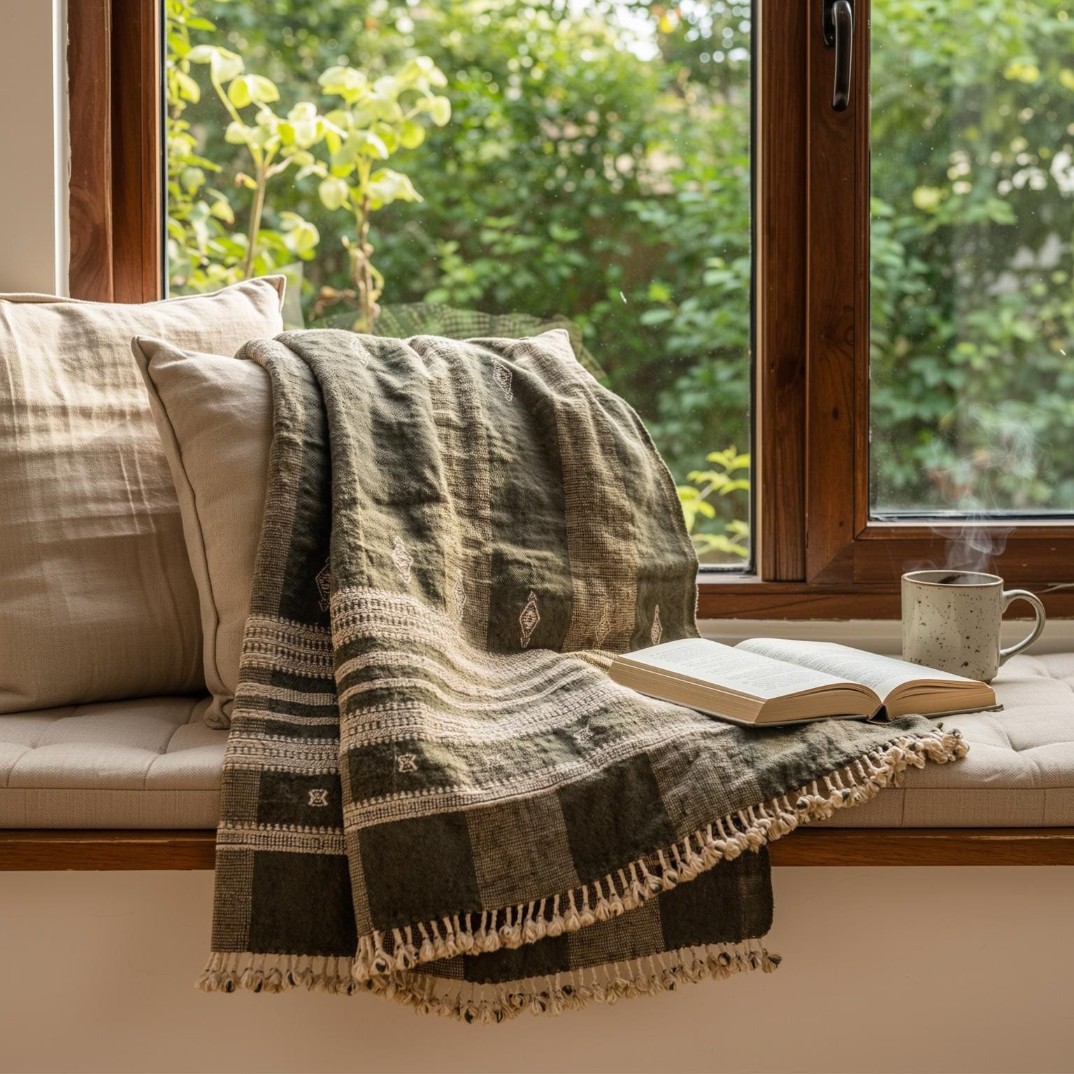 Olive Brown Indian Wool Throw Blanket, Handwoven Sofa Coverlet & Boho Bed Runner - ZARA