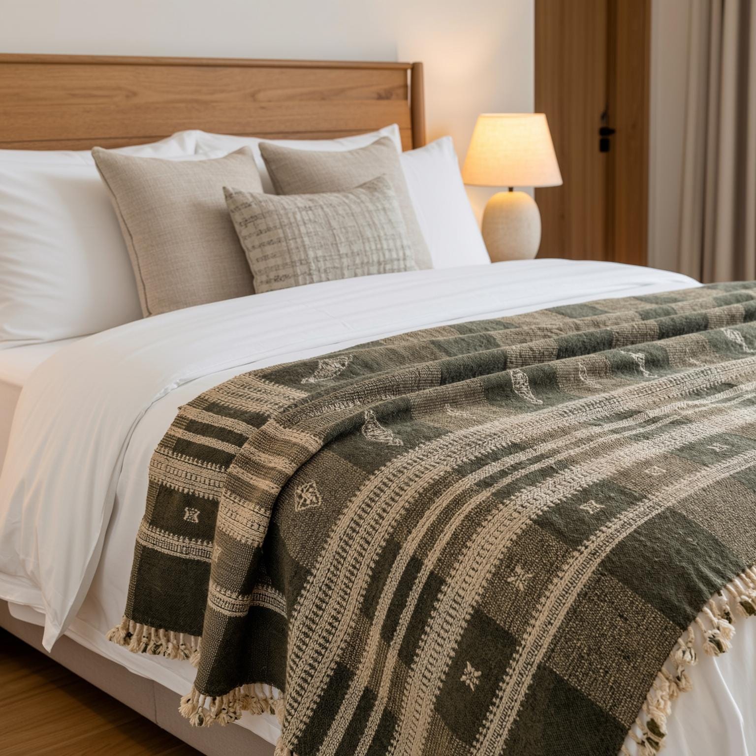 Olive Brown Indian Wool Throw Blanket, Handwoven Sofa Coverlet & Boho Bed Runner - ZARA