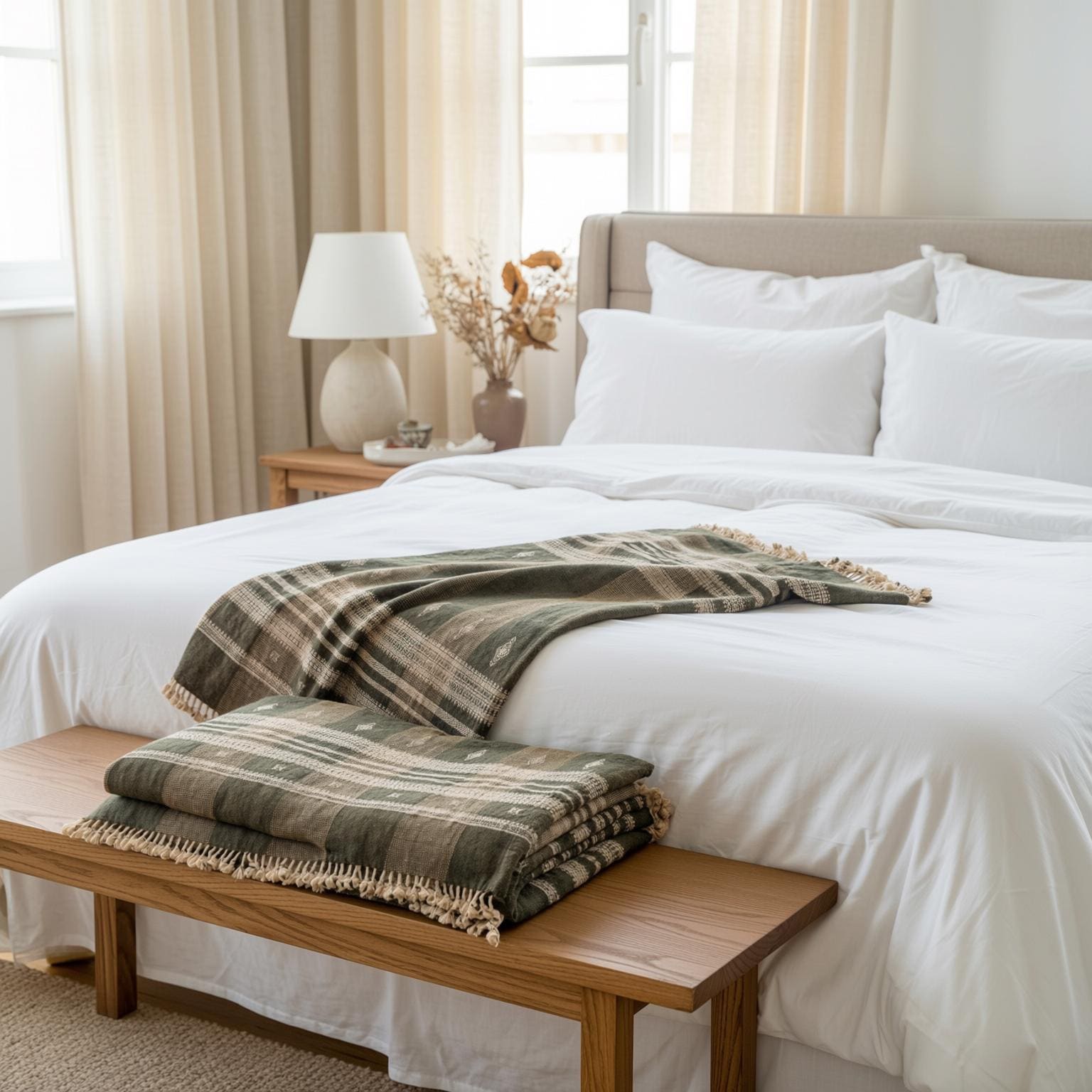 Olive Brown Indian Wool Throw Blanket, Handwoven Sofa Coverlet & Boho Bed Runner - ZARA