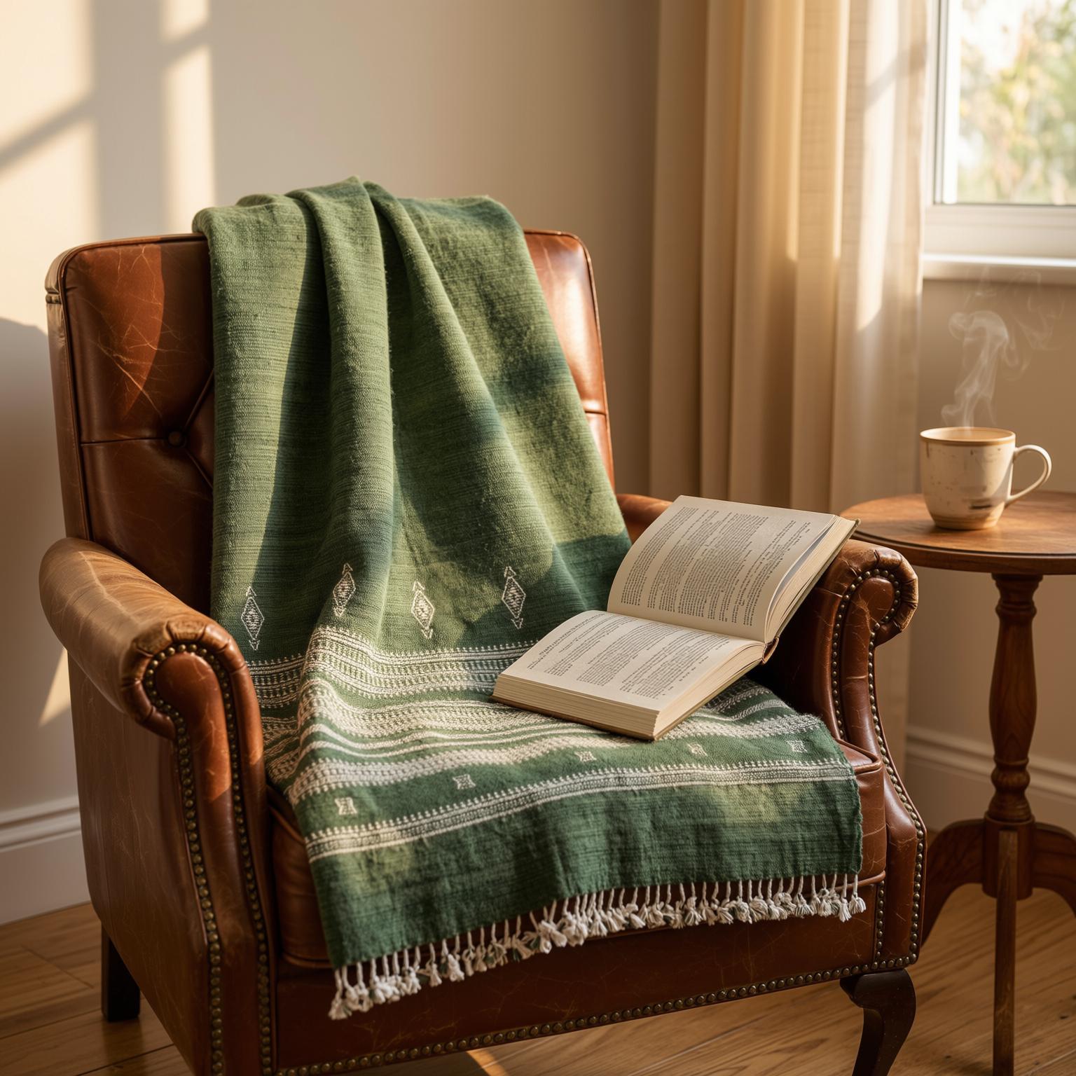 Forest Green Indian Wool Throw Blanket, Handwoven Sofa Coverlet & Boho Bed Runner - ERICA