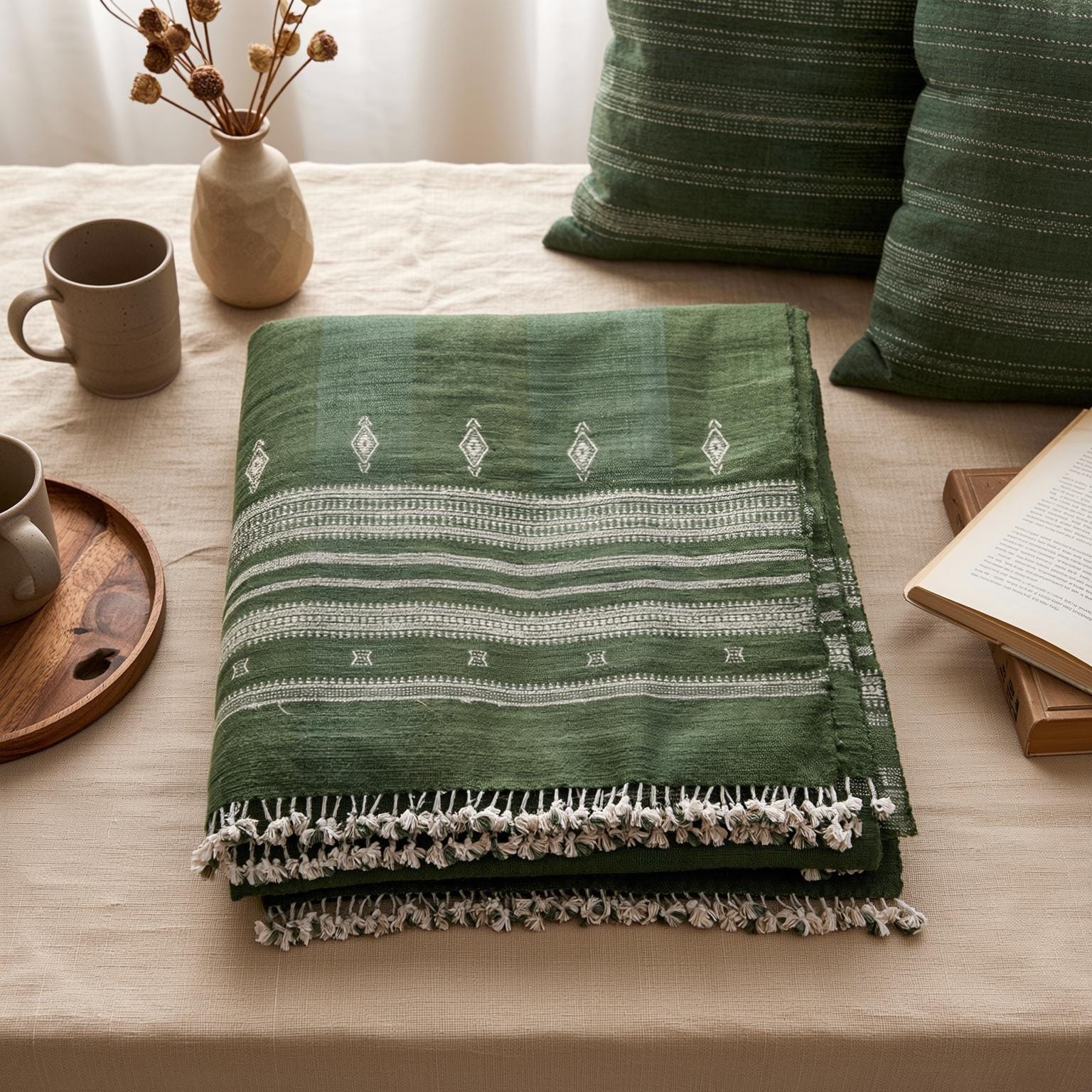 Forest Green Indian Wool Throw Blanket, Handwoven Sofa Coverlet & Boho Bed Runner - ERICA
