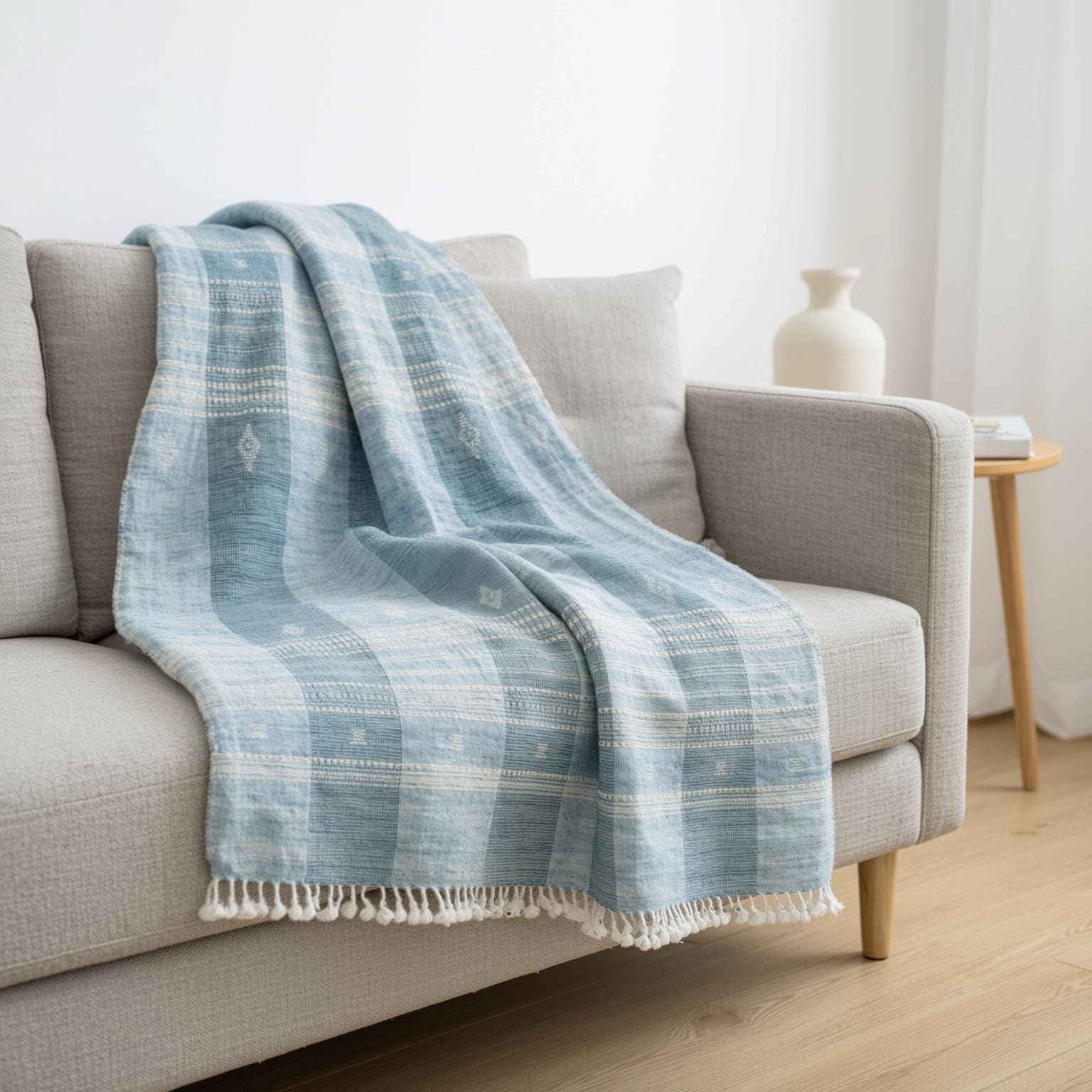 Teal Blue Indian Wool Throw Blanket, Handwoven Sofa Coverlet with Striped Foot-of-Bed Layer - IRIS