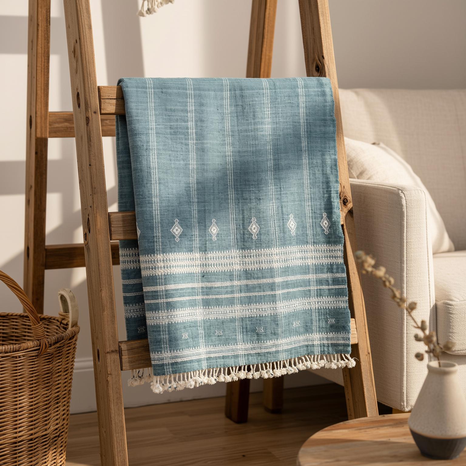 Teal Blue Indian Wool Throw Blanket, Handwoven Couch Throw & Geometric Bed Runner - TOPAS