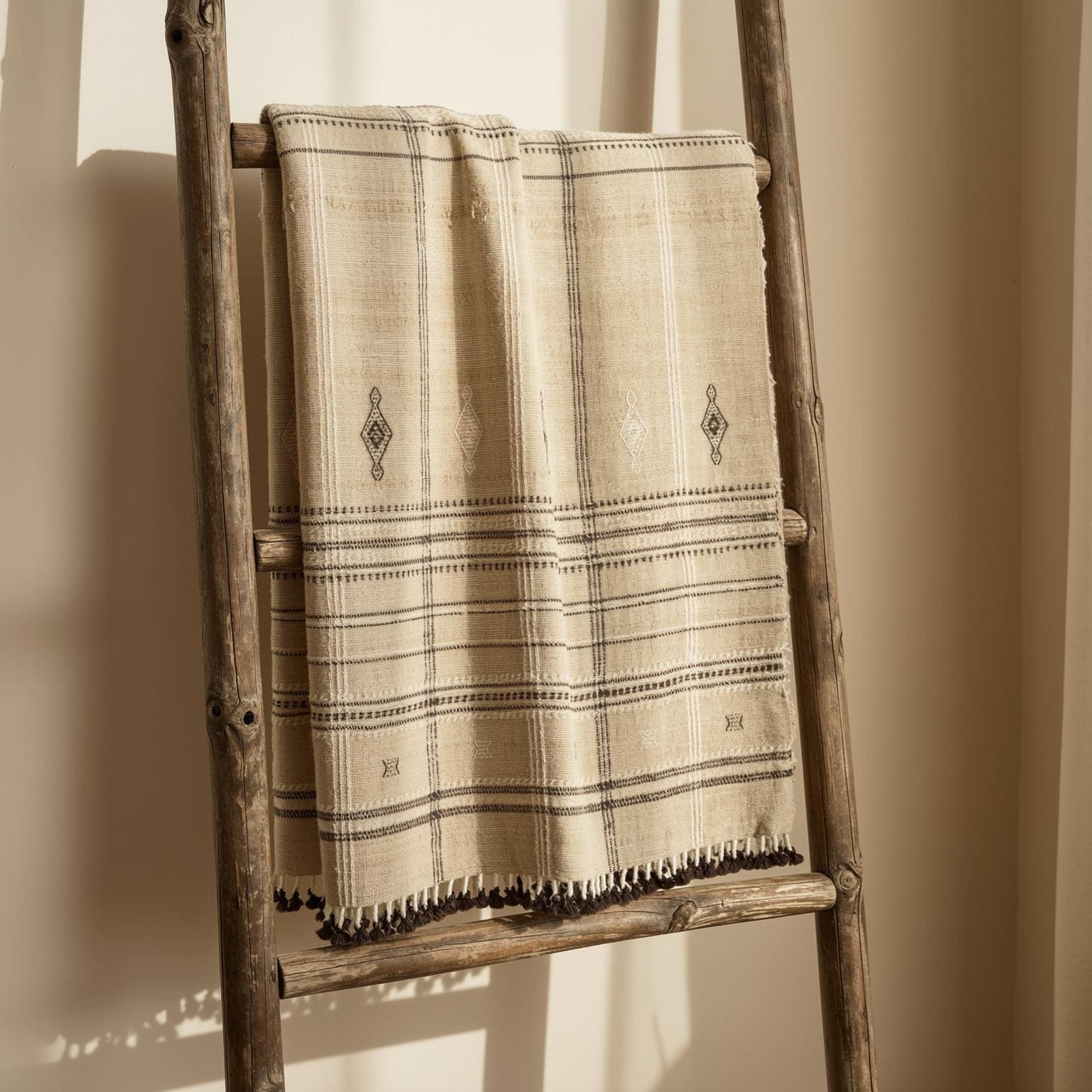 Tan Beige Indian Wool Throw Blanket, Handwoven Plaid Sofa Coverlet & Bed Runner - TANISHQ
