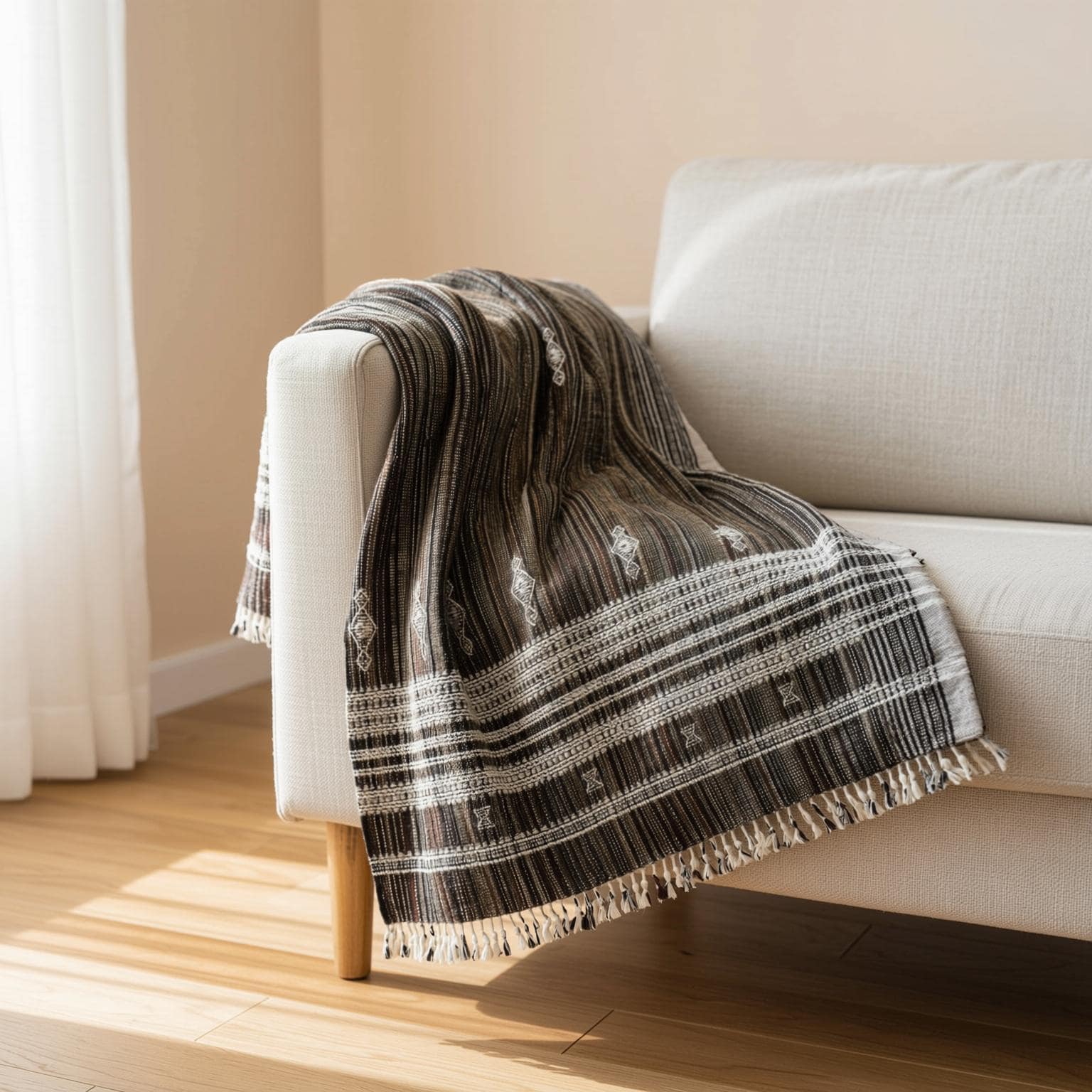 Brown Indian Wool Throw Blanket, Handwoven Sofa Coverlet & Rustic Bed Runner - SPINEL