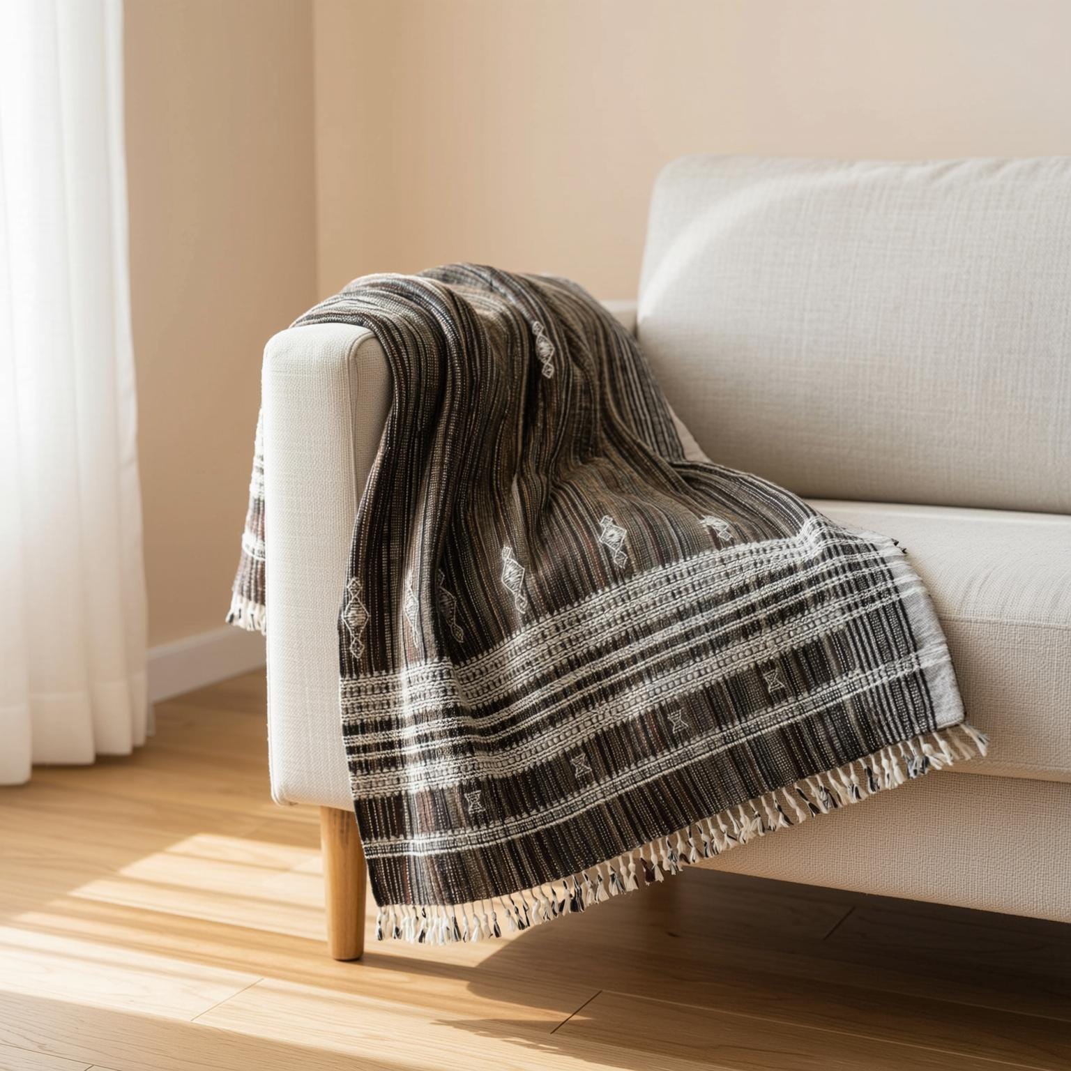Brown Indian Wool Throw Blanket, Handwoven Sofa Coverlet & Rustic Bed Runner - SPINEL