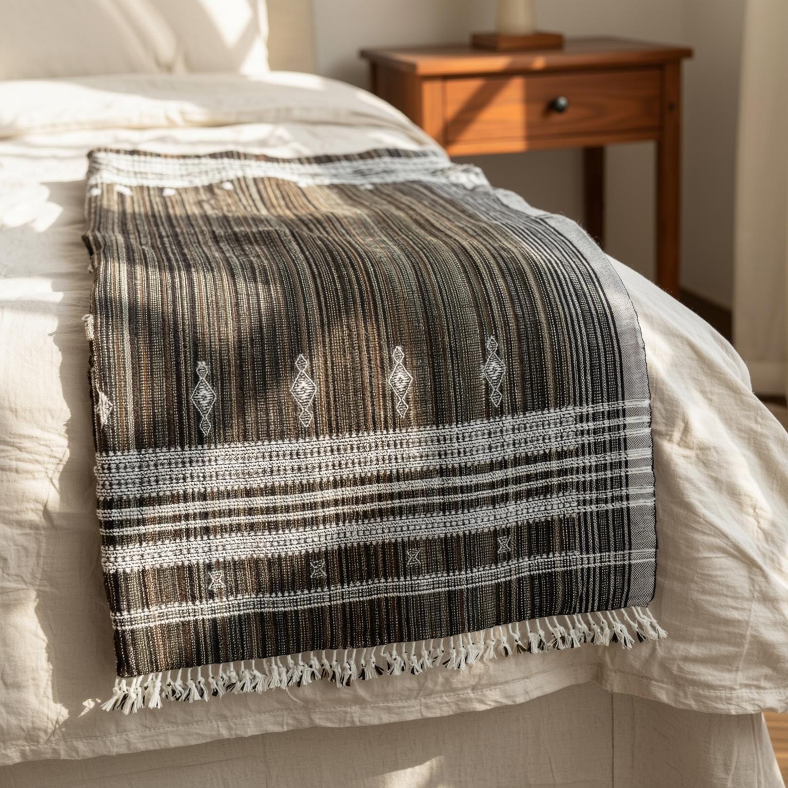Brown Indian Wool Throw Blanket, Handwoven Sofa Coverlet & Rustic Bed Runner - SPINEL