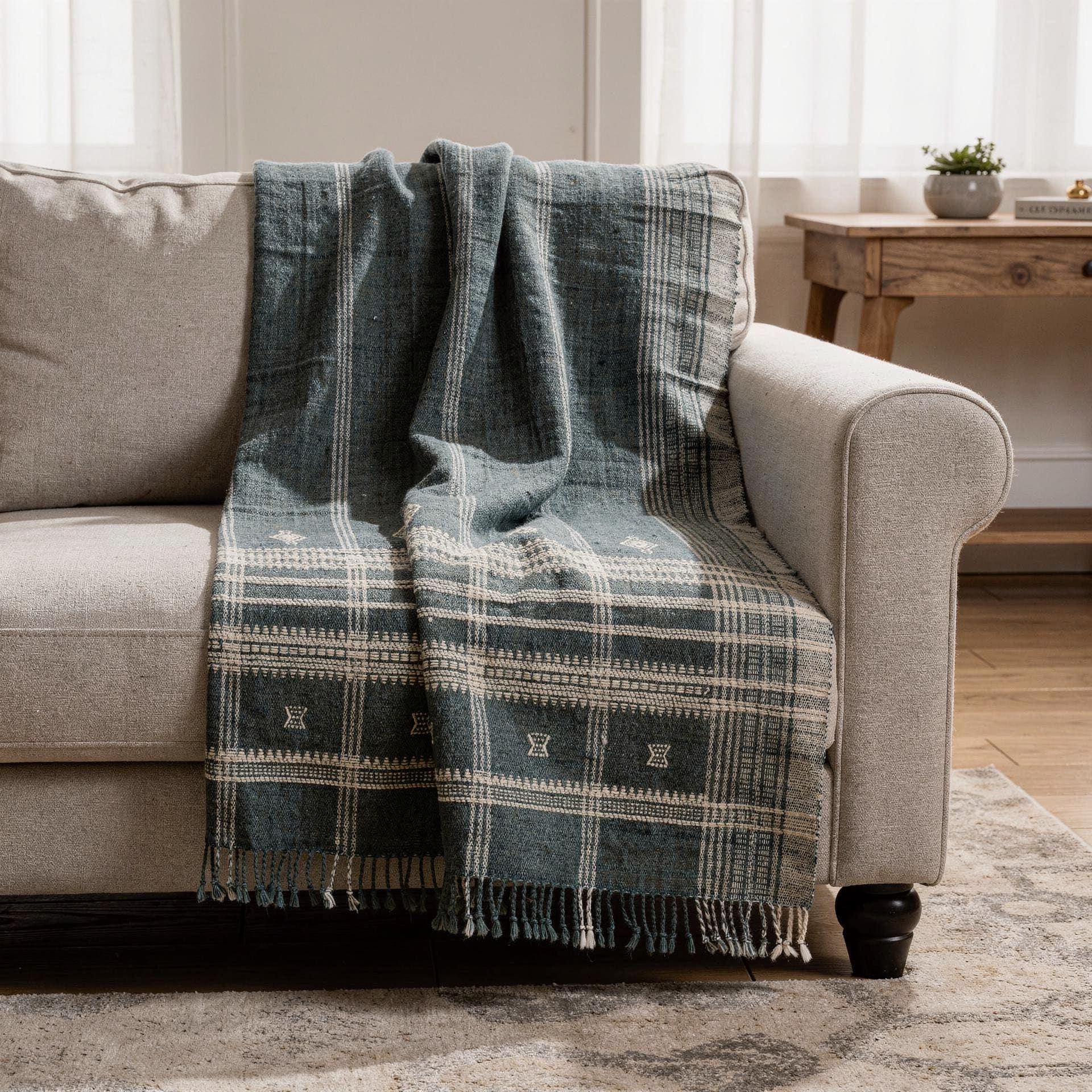 Charcoal Black Indian Wool Throw Blanket, Handwoven Sofa Coverlet with Dramatic Bed Layer - ONYX