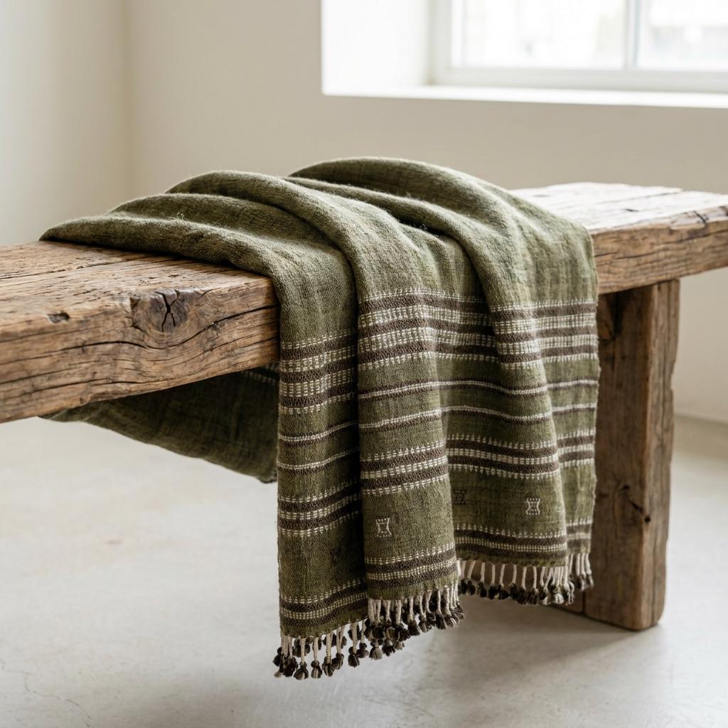 Olive Green Striped Indian Wool Throw Blanket, Handwoven Sofa Coverlet & Bed Runner - GARNET