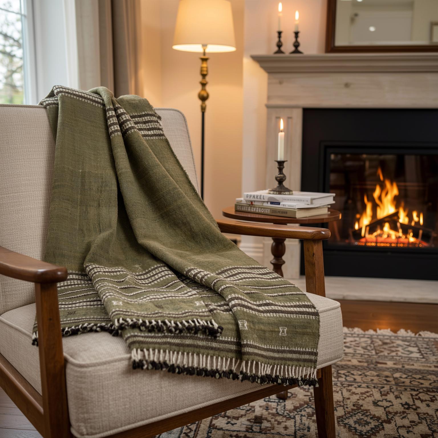 Olive Green Striped Indian Wool Throw Blanket, Handwoven Sofa Coverlet & Bed Runner - GARNET