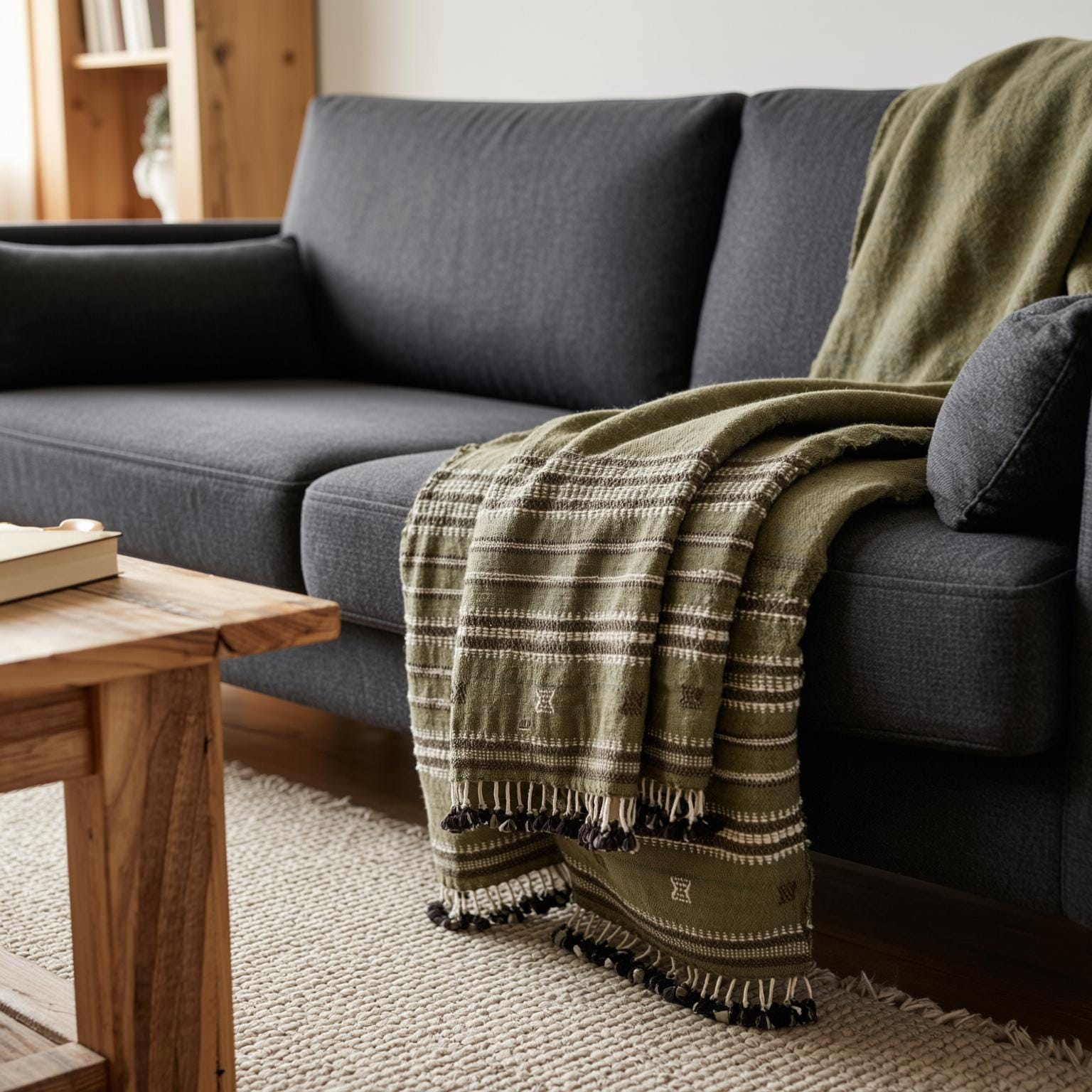 Olive Green Striped Indian Wool Throw Blanket, Handwoven Sofa Coverlet & Bed Runner - GARNET