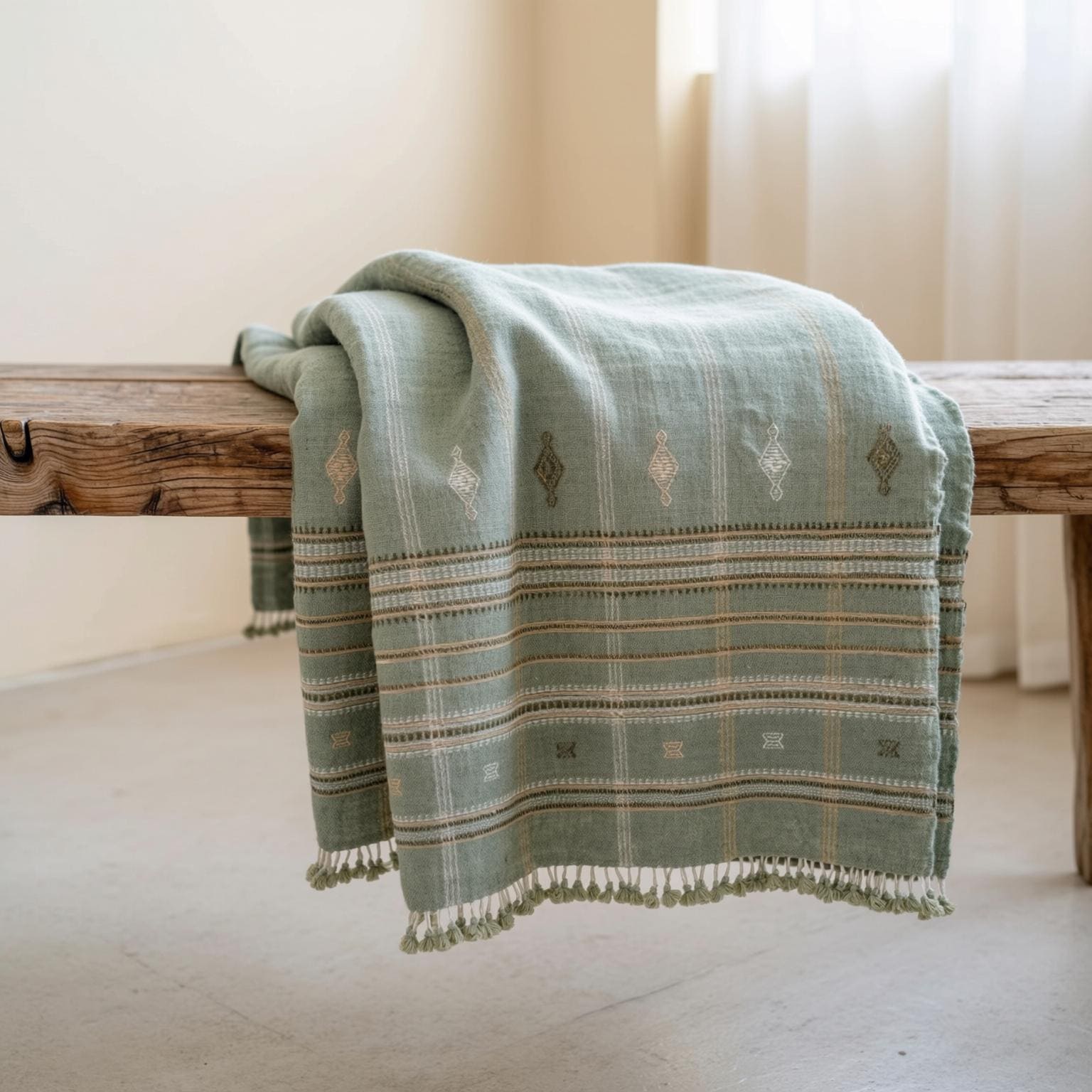 Sage Green Indian Wool Throw Blanket, Handwoven Sofa Coverlet & Lightweight Bed Runner - JADE