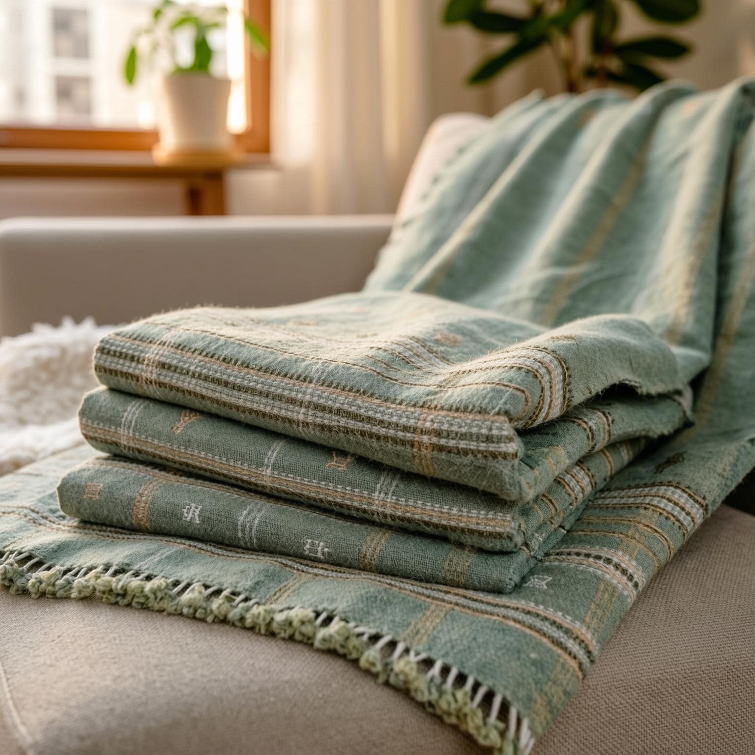 Sage Green Indian Wool Throw Blanket, Handwoven Sofa Coverlet & Lightweight Bed Runner - JADE