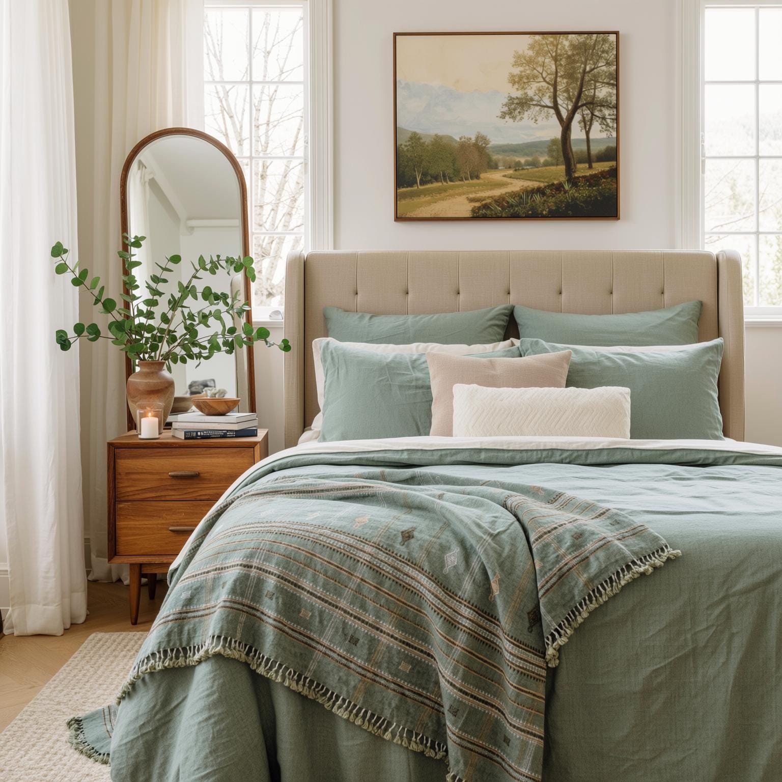 Sage Green Indian Wool Throw Blanket, Handwoven Sofa Coverlet & Lightweight Bed Runner - JADE