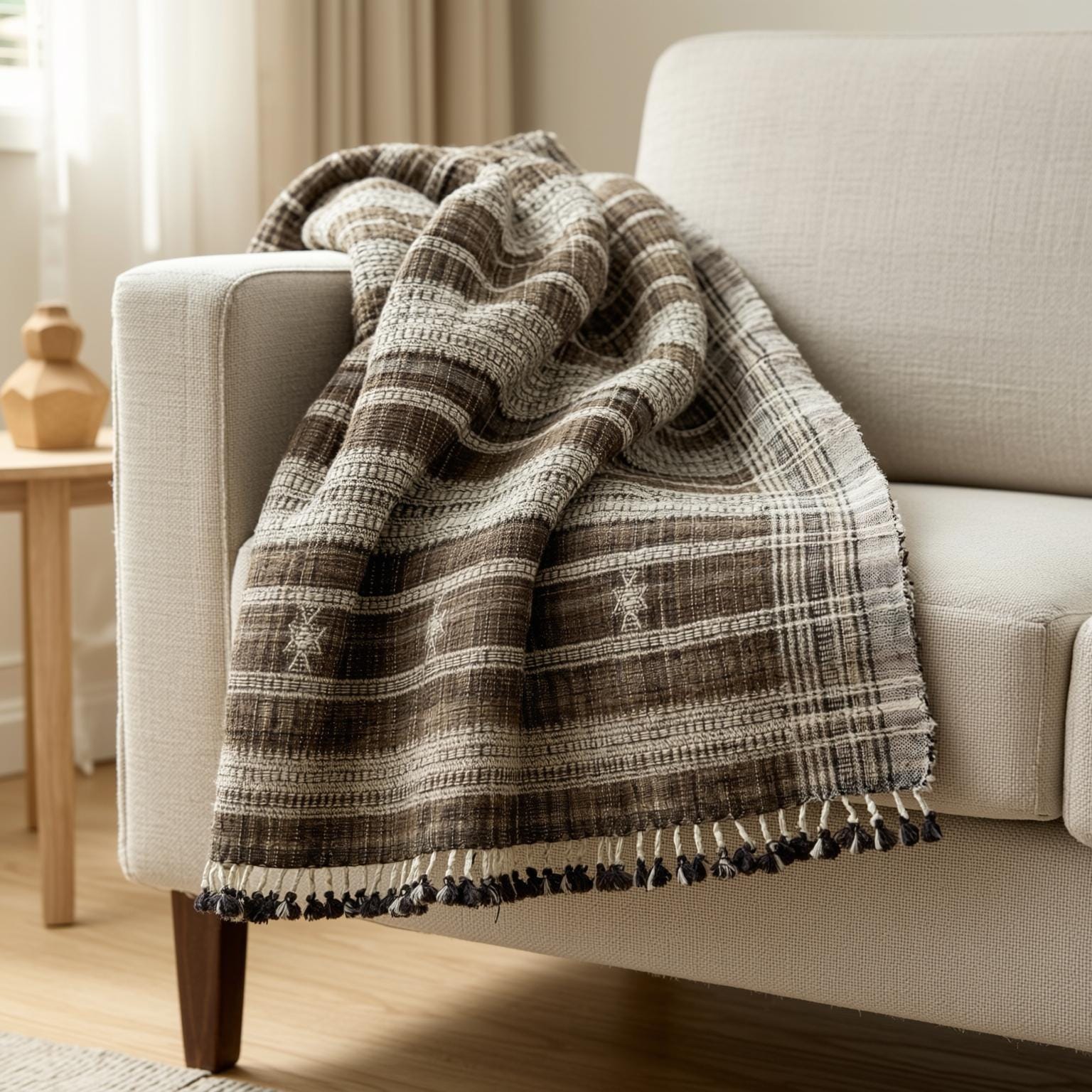 Brown Indian Wool Throw Blanket, Handwoven Sofa Coverlet & Rustic Bed Runner - SPHENE