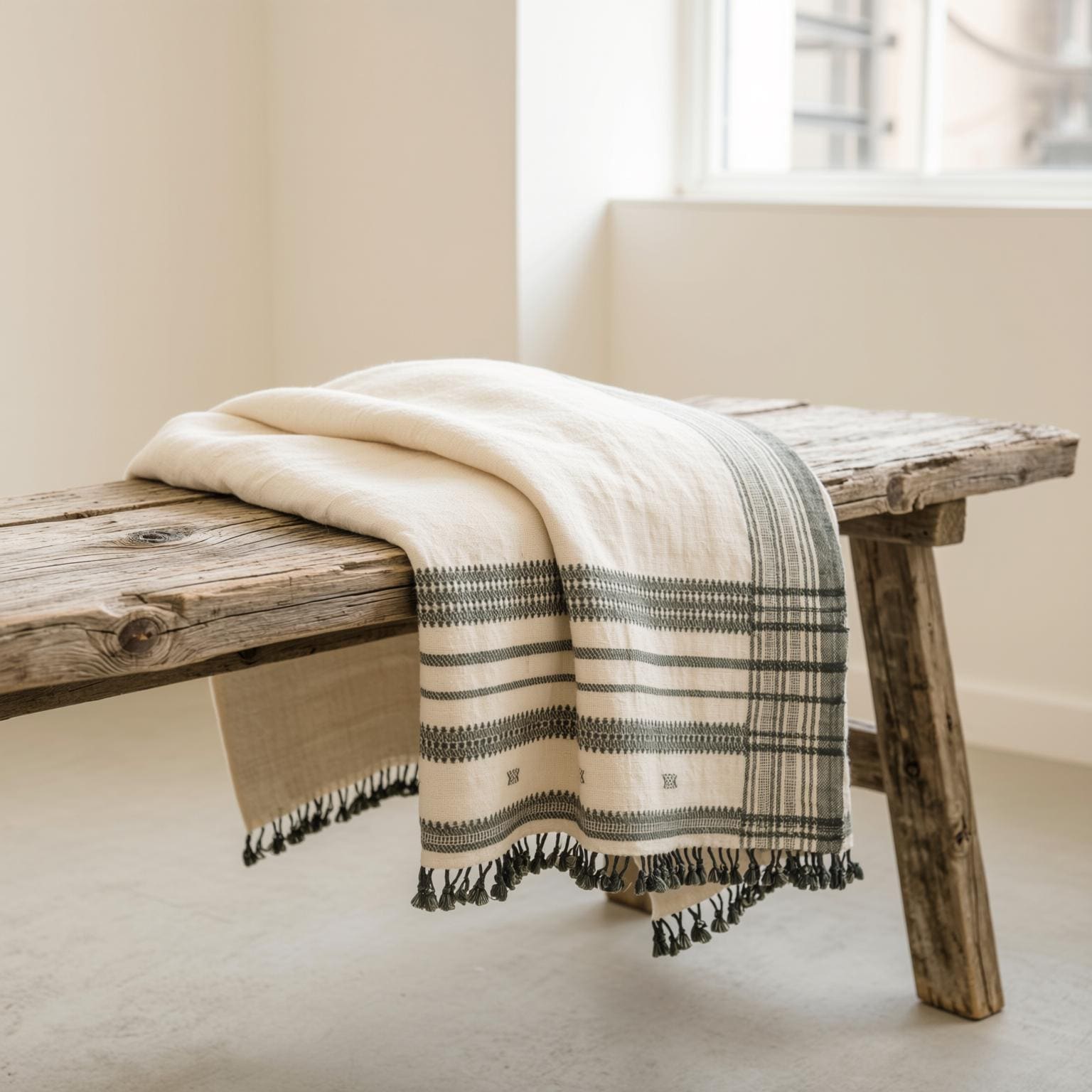 White Indian Wool Throw Blanket, Handwoven Couch Coverlet with Minimalist Bed Accent - SOLITAIRE