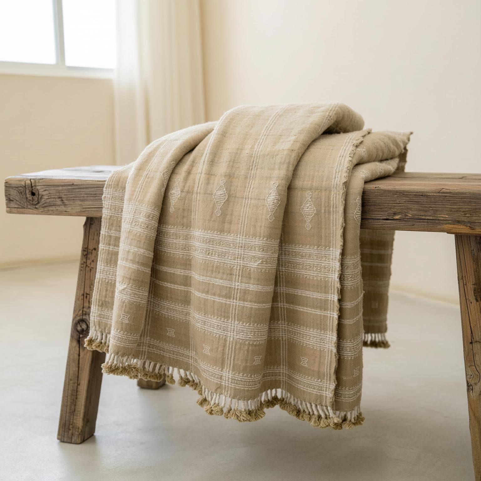 Tan Beige Indian Wool Throw Blanket, Handwoven Sofa Coverlet & Neutral Bed Runner - JASPER