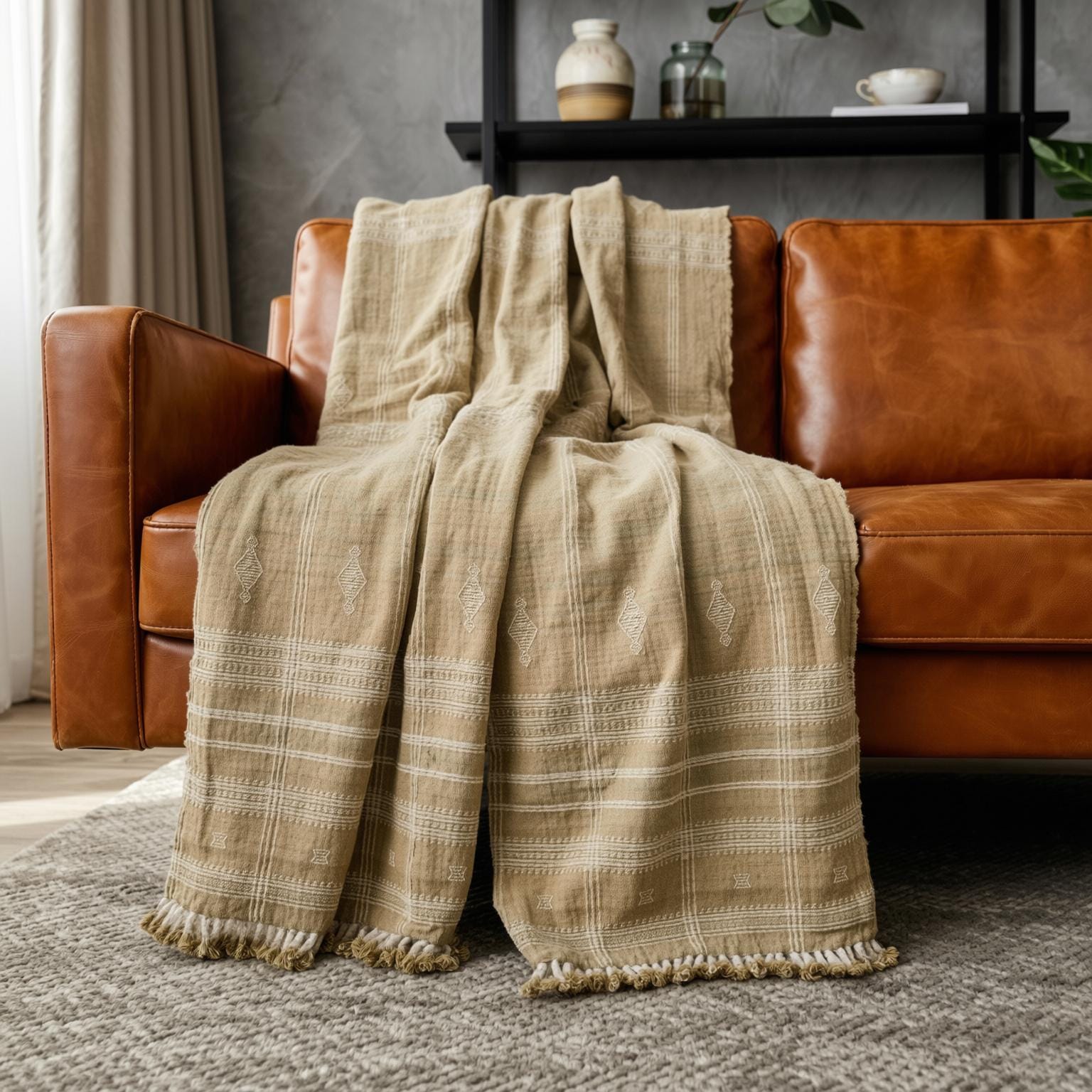 Tan Beige Indian Wool Throw Blanket, Handwoven Sofa Coverlet & Neutral Bed Runner - JASPER