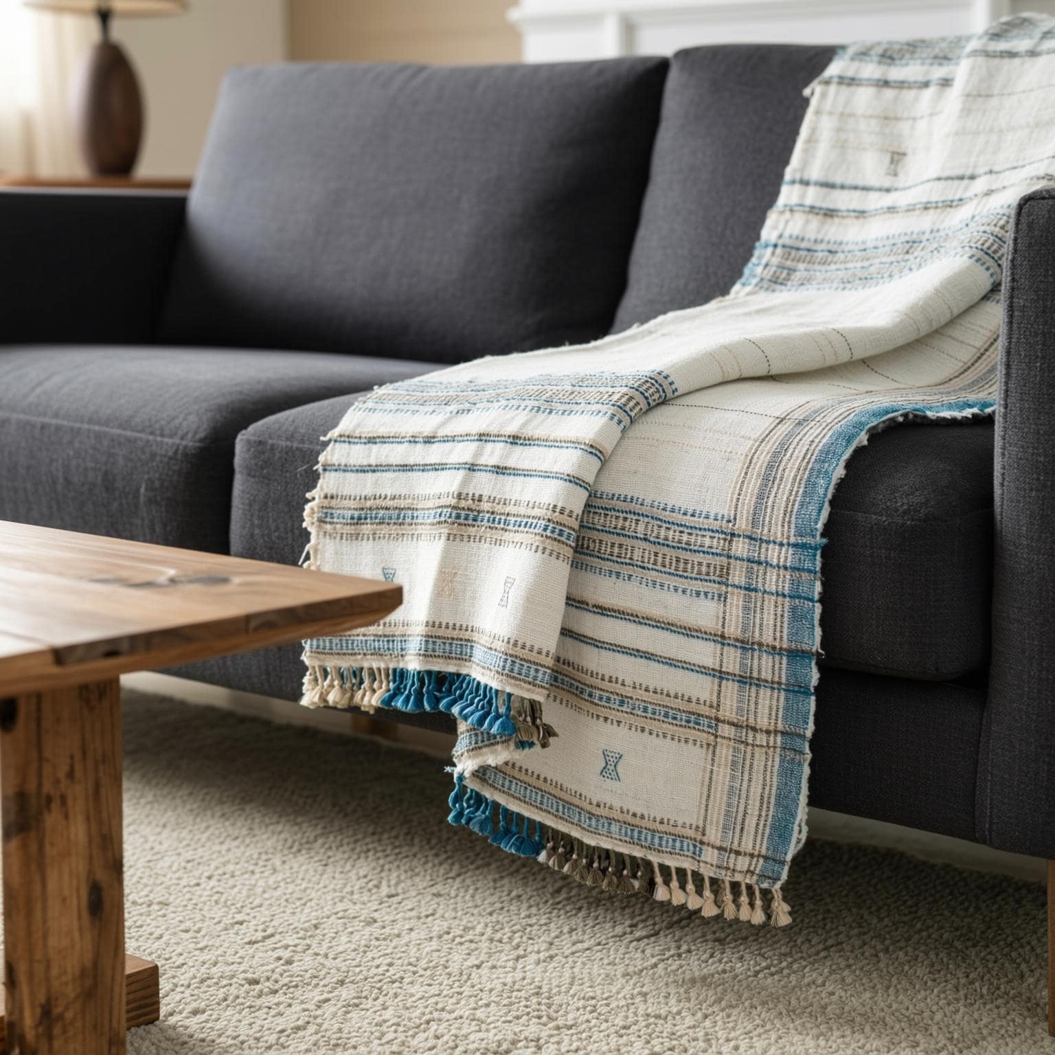Ivory Indian Wool Throw Blanket, Handwoven Bed Coverlet & Minimalist Sofa Throw - DAZY