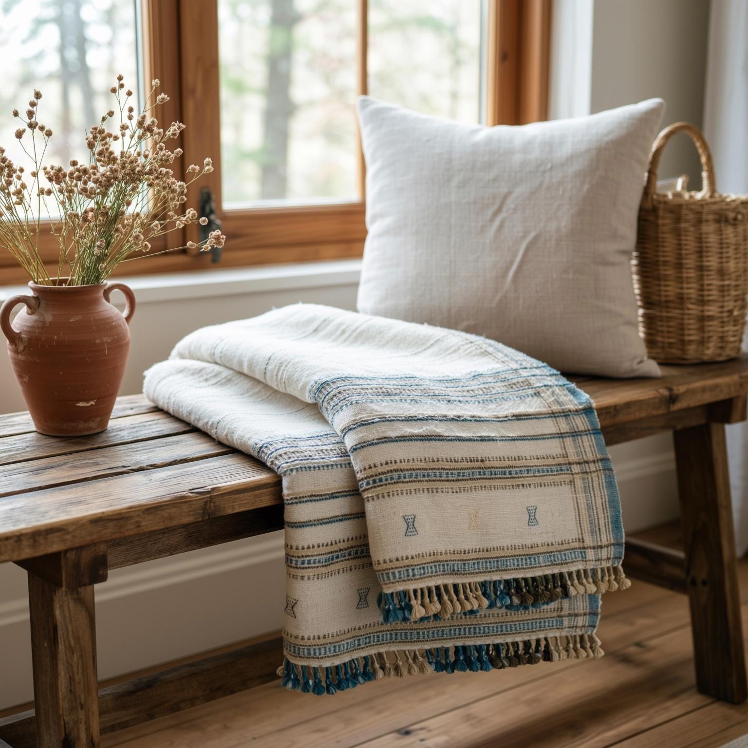 Ivory Indian Wool Throw Blanket, Handwoven Bed Coverlet & Minimalist Sofa Throw - DAZY