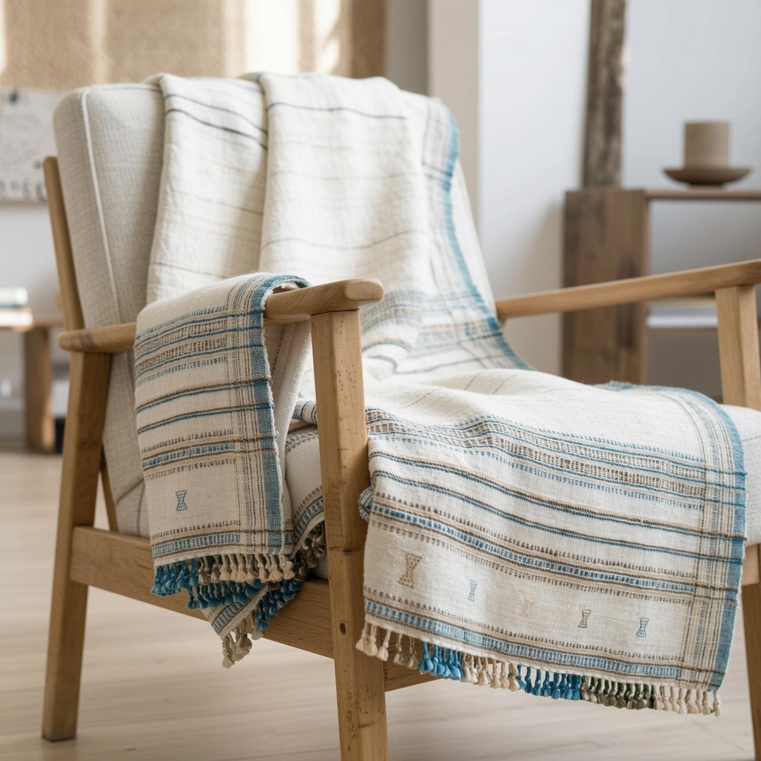 Ivory Indian Wool Throw Blanket, Handwoven Bed Coverlet & Minimalist Sofa Throw - DAZY