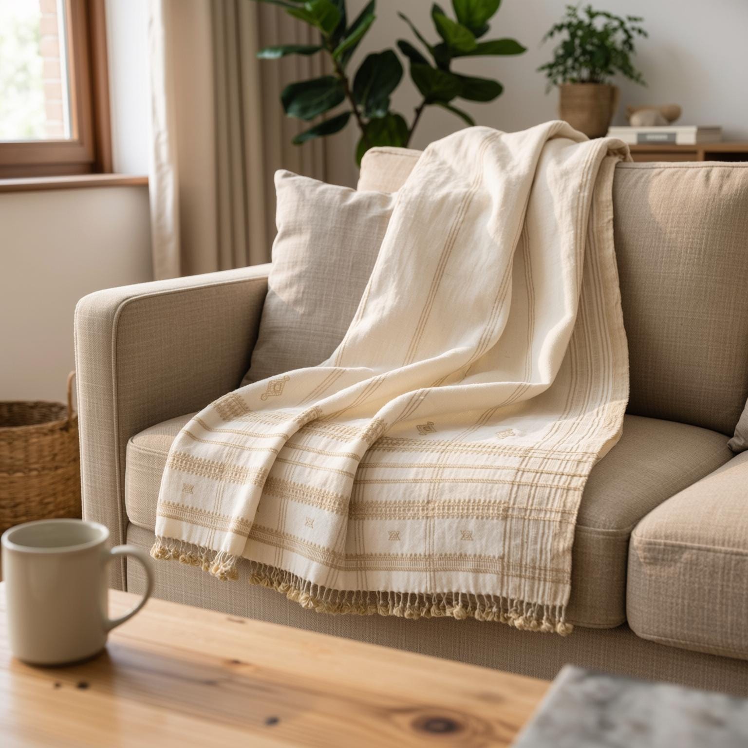 Off White Tan Indian Wool Throw Blanket, Handwoven Sofa Throw & Warm Neutral Bed Runner - HEERA