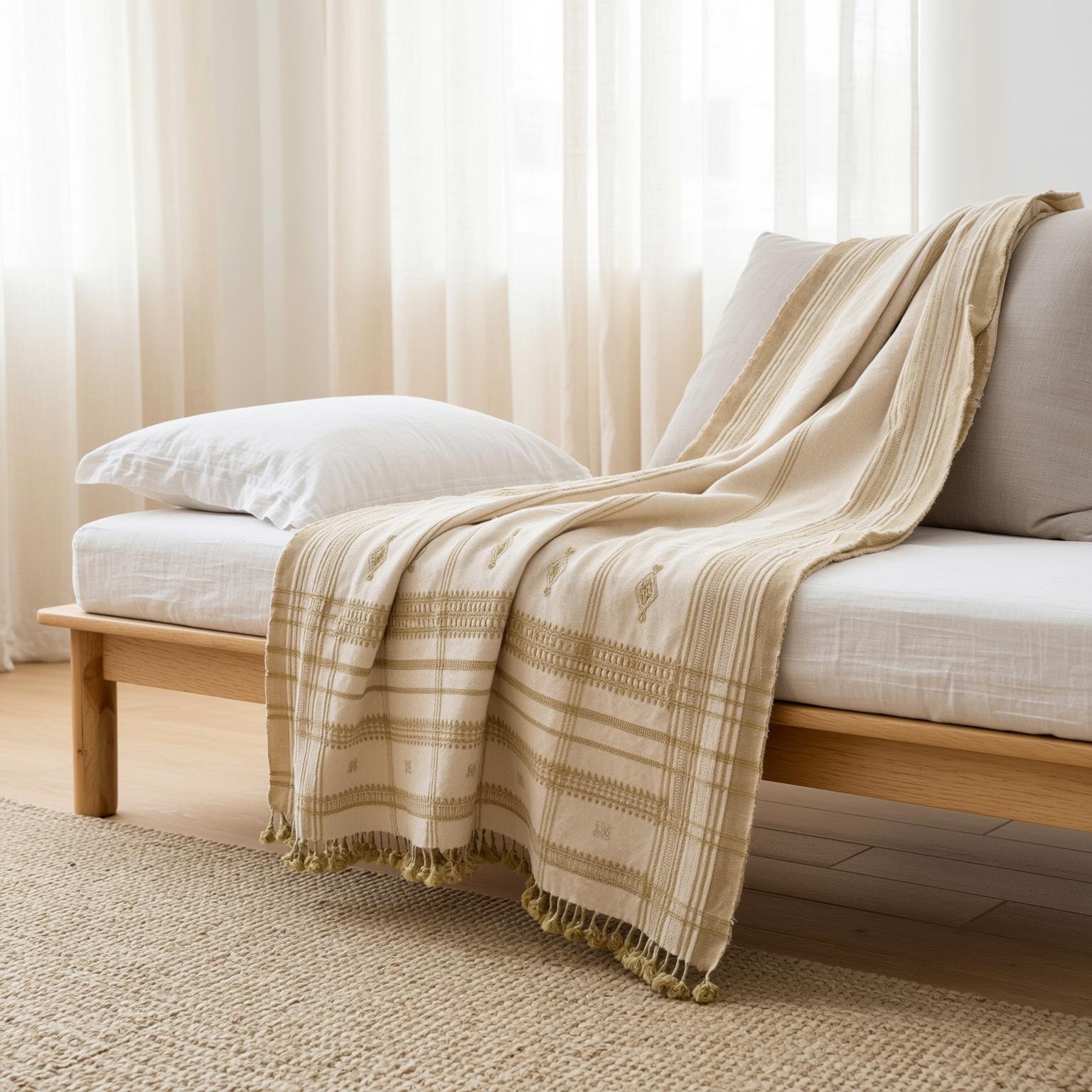 Off White Tan Indian Wool Throw Blanket, Handwoven Sofa Throw & Warm Neutral Bed Runner - HEERA